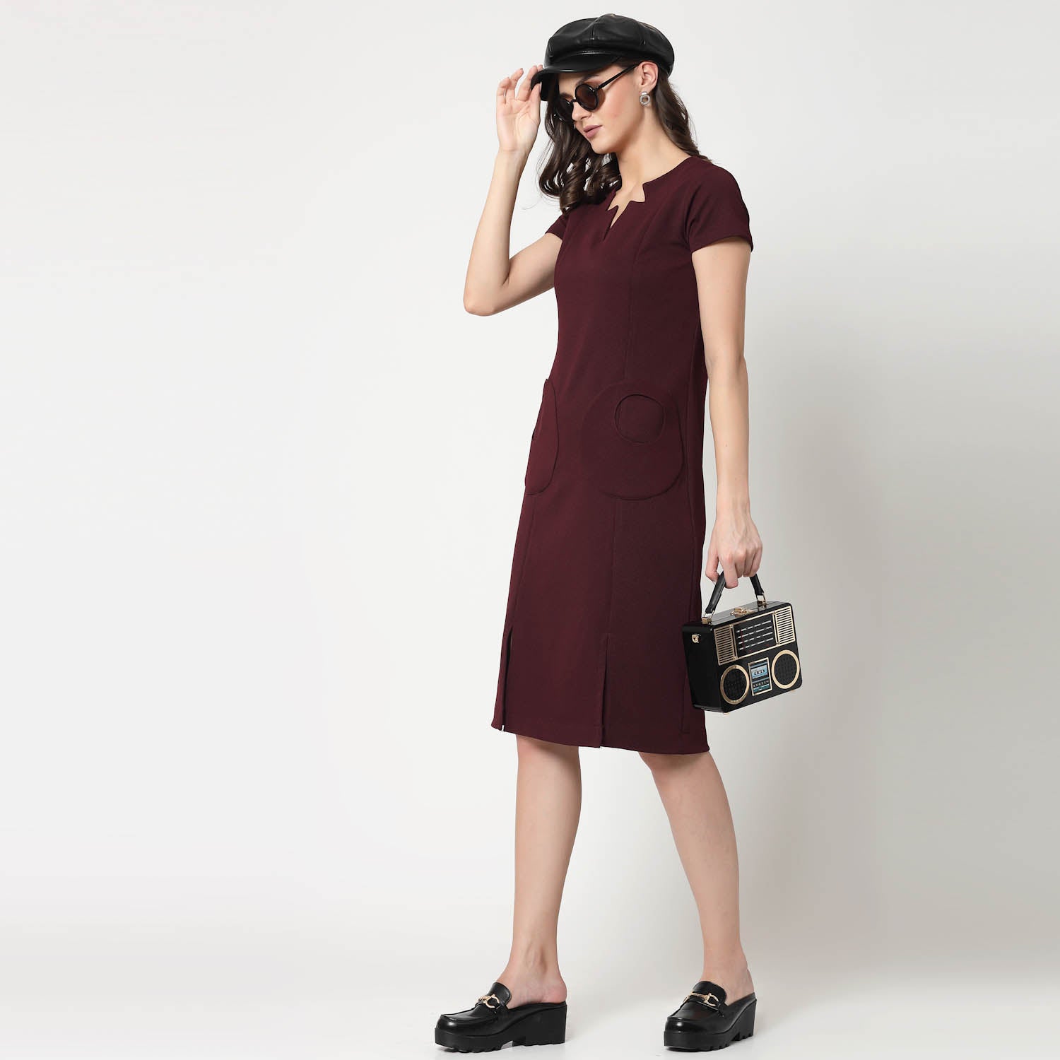 Maroon Lycra Dress With Round Pocket,Workwear Dresses for Women - Stylish & Professional