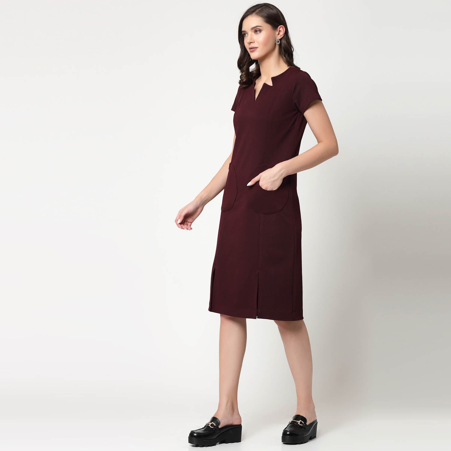 Maroon Lycra Dress With Round Pocket, Workwear Dresses for Women - Stylish & Professional