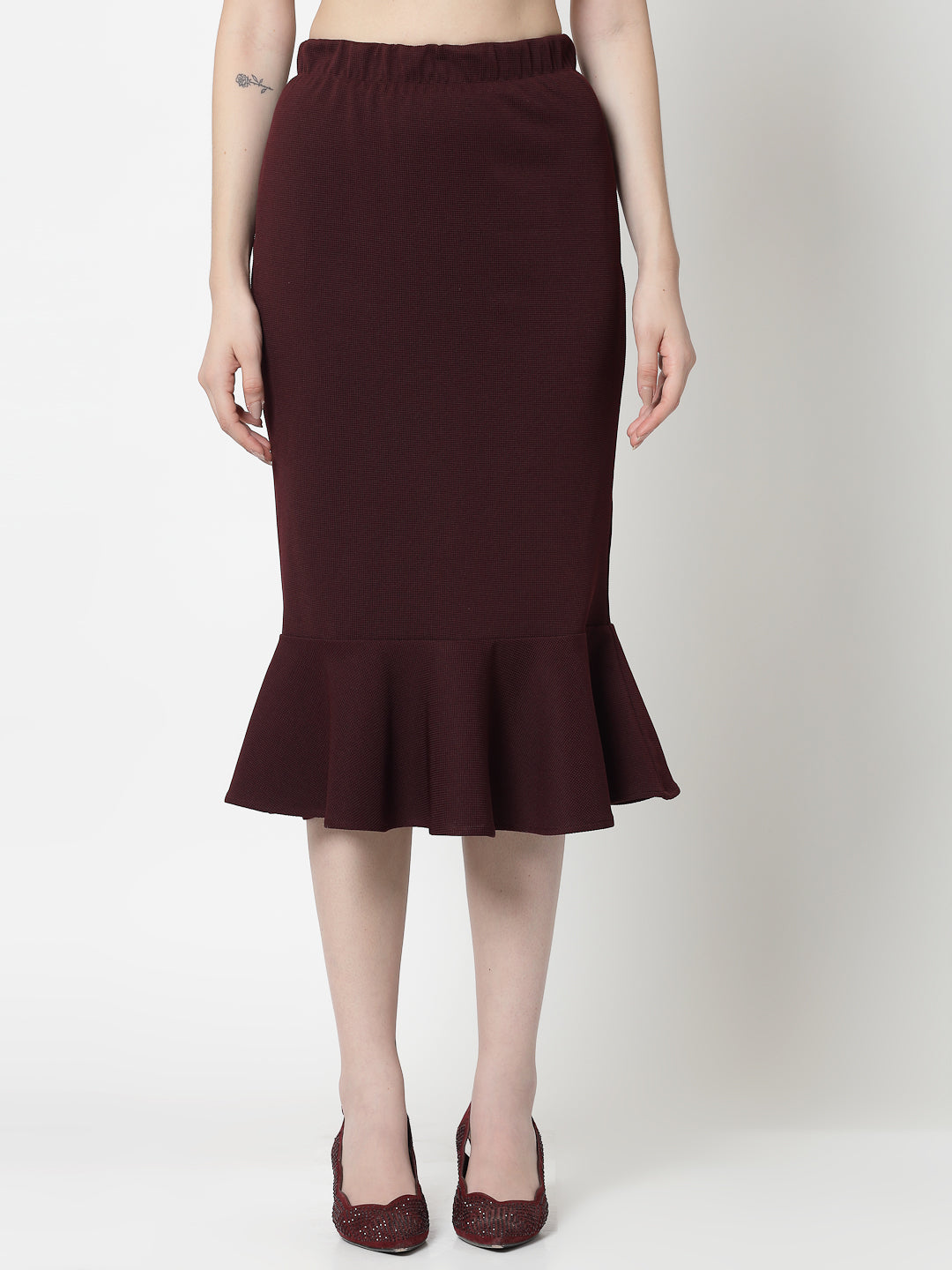Maroon Lycra Fish Cut Skirt,frocks for women	
indian designer skirts?