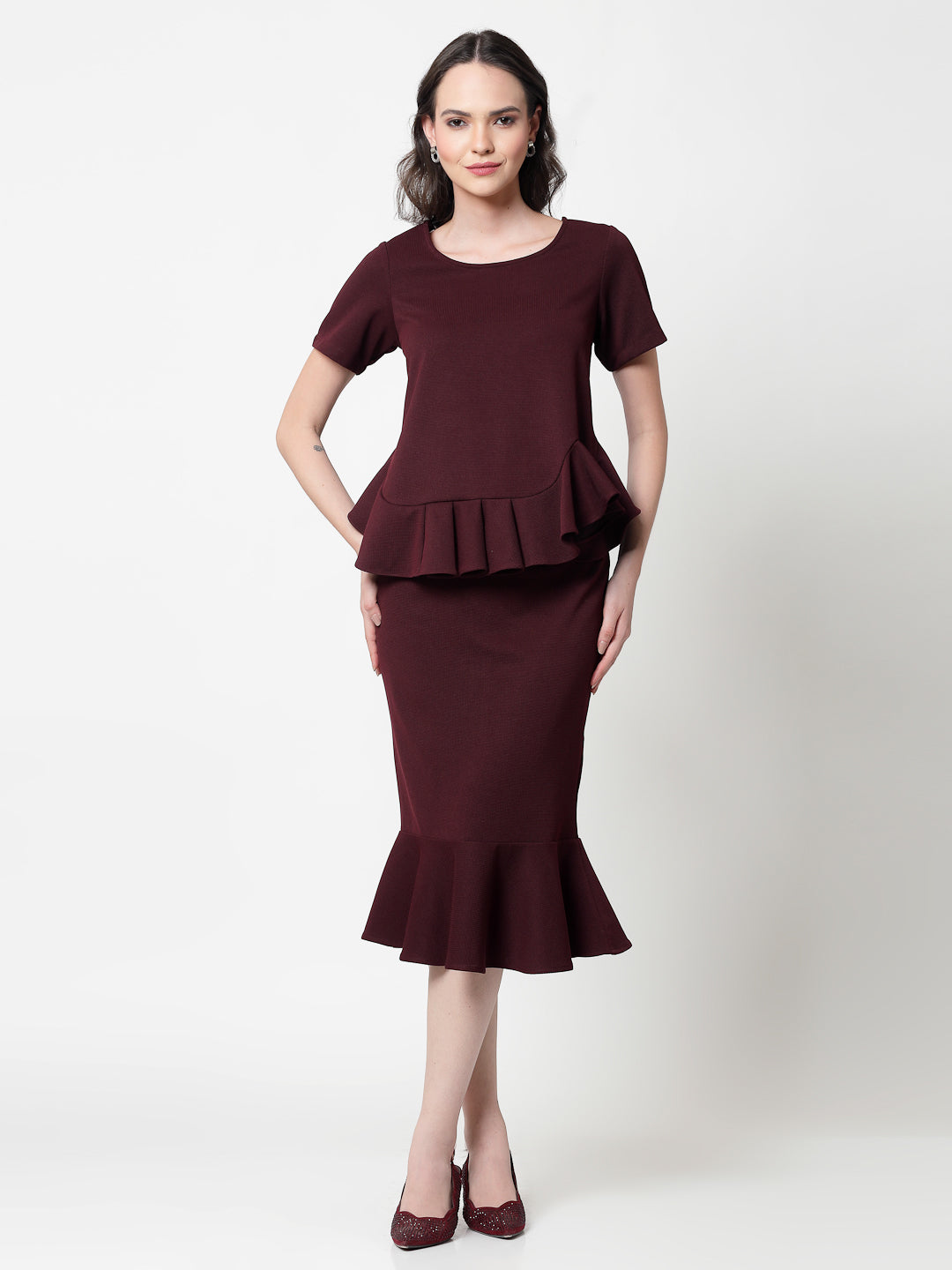 Maroon Lycra Fish Cut Skirt,frocks for women	
indian designer skirts?