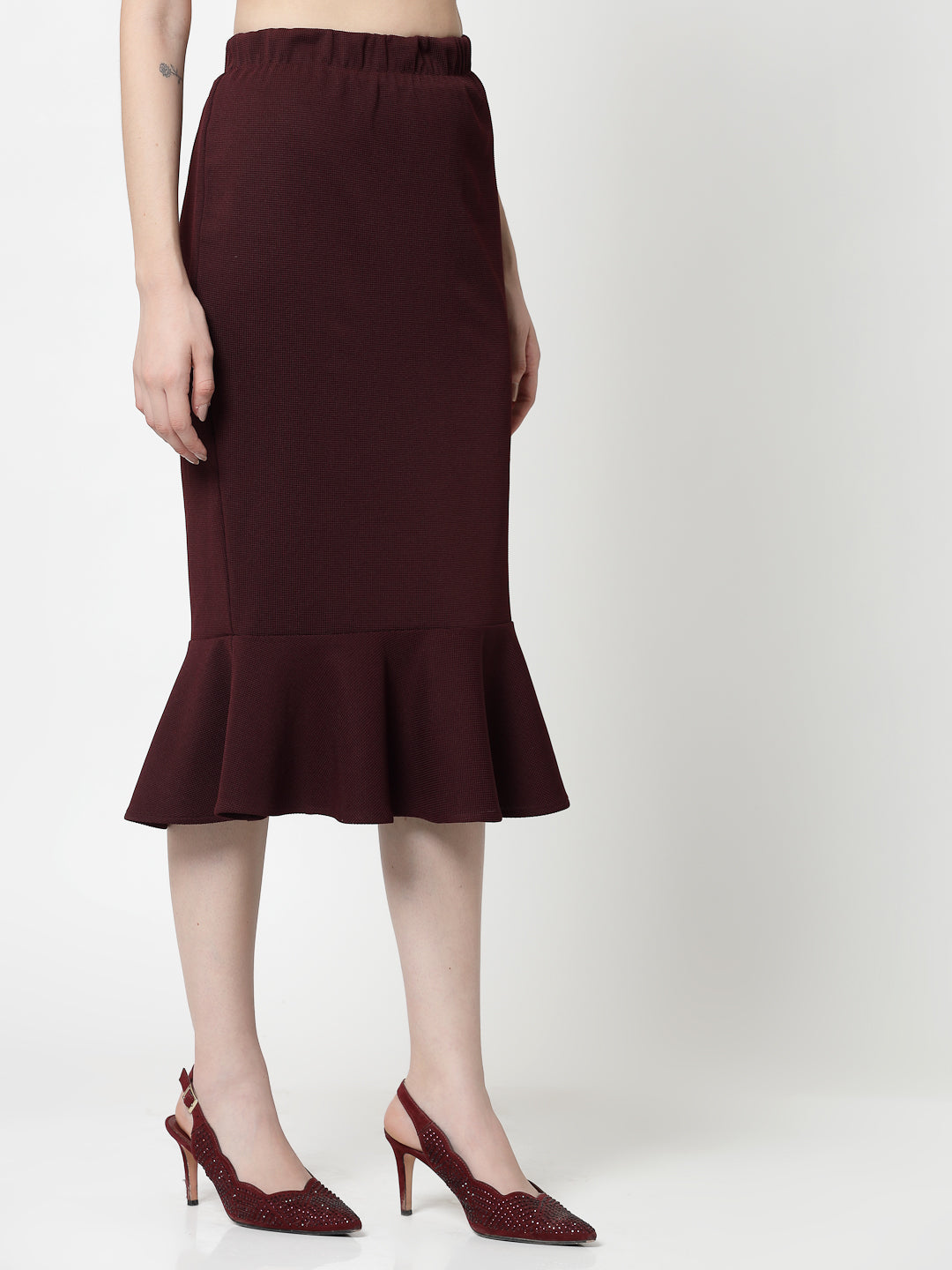 Maroon Lycra Fish Cut Skirt,frocks for women	
indian designer skirts?
