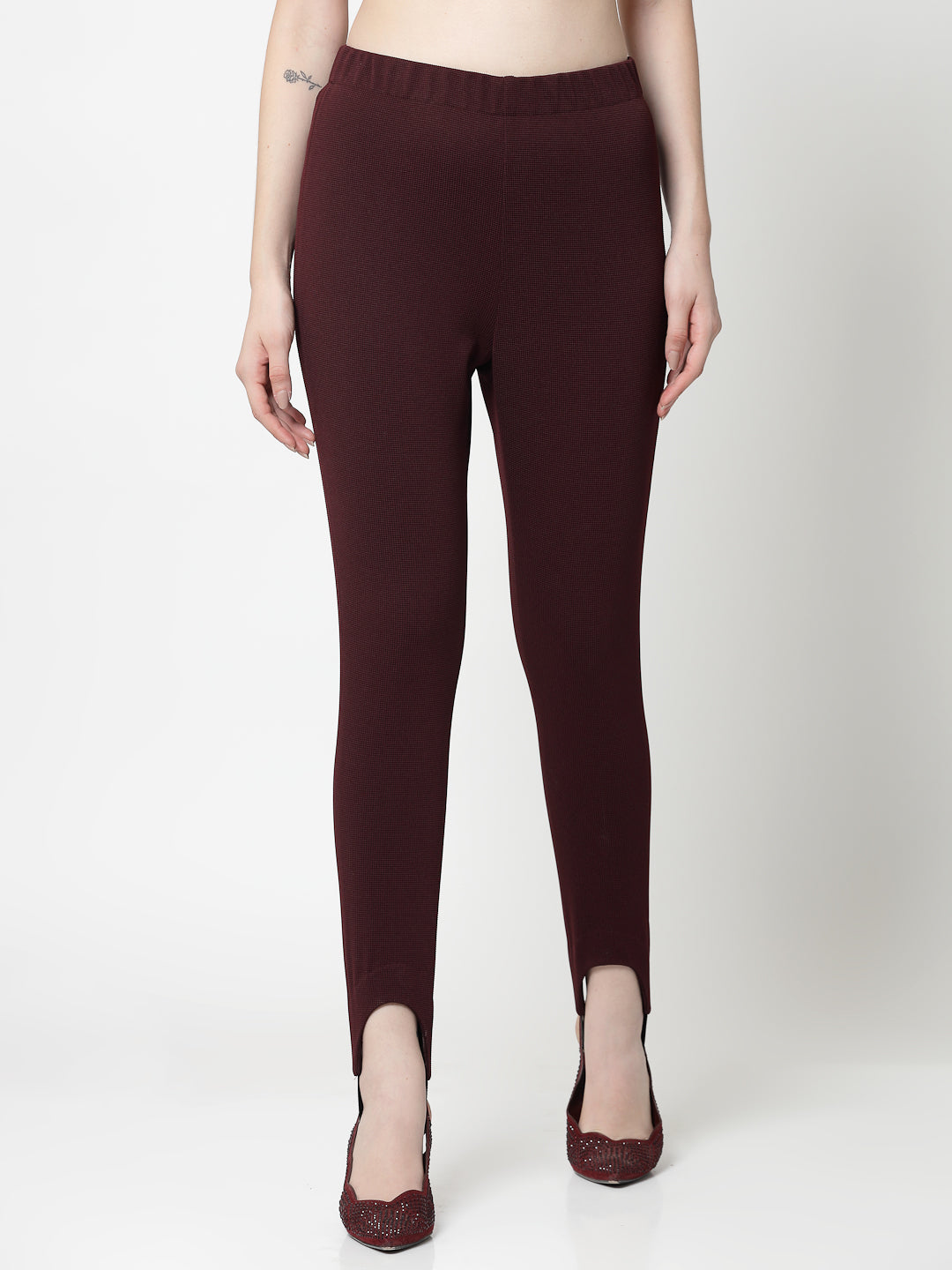 Maroon Lycra Pant With Foot Straps, formal pants	
loose pants for women