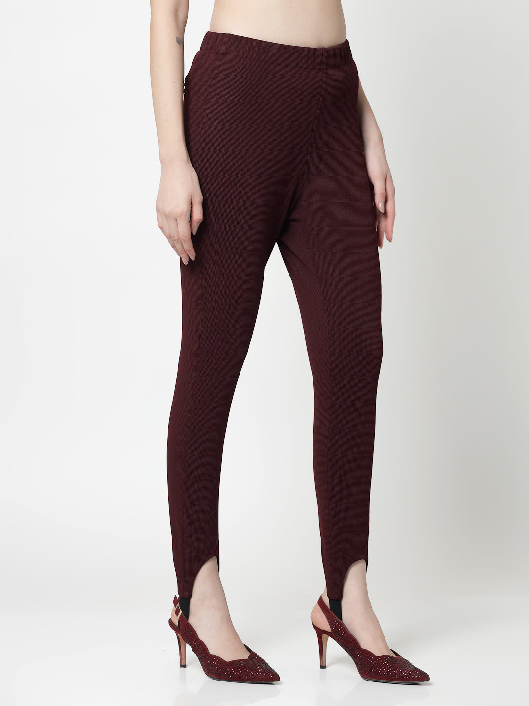 Maroon Lycra Pant With Foot Straps, formal pants	
loose pants for women