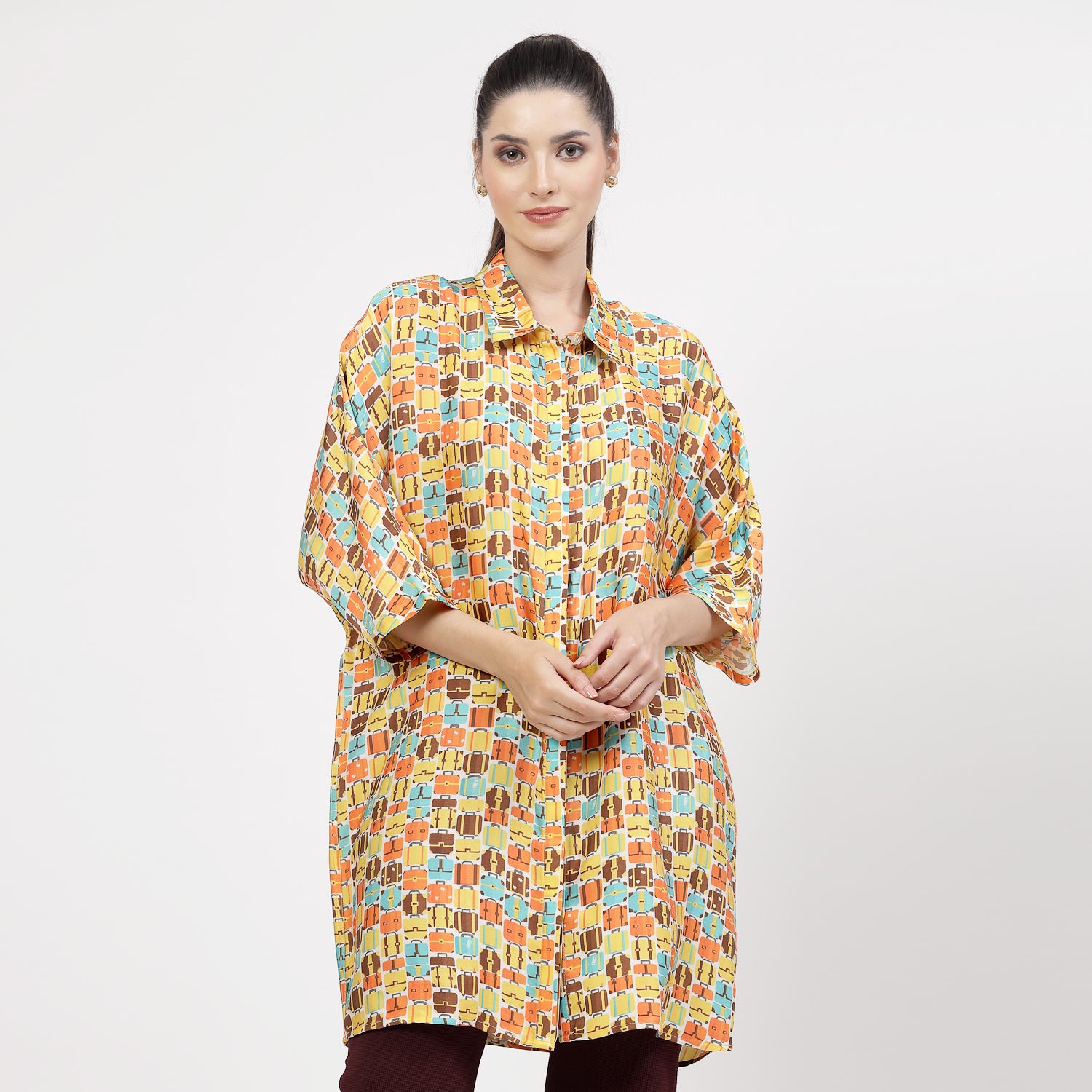 Multicolour Bag Print Long Shirt,womens formal shirts	
cotton shirts for women	
Ofiice shirts for women	