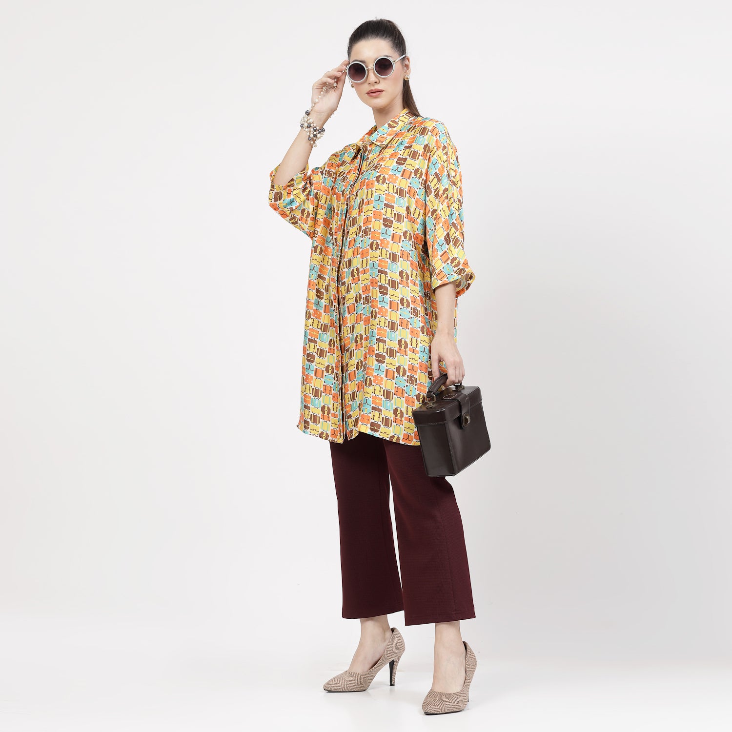 Multicolour Bag Print Long Shirt,womens formal shirts	
cotton shirts for women	
Ofiice shirts for women	