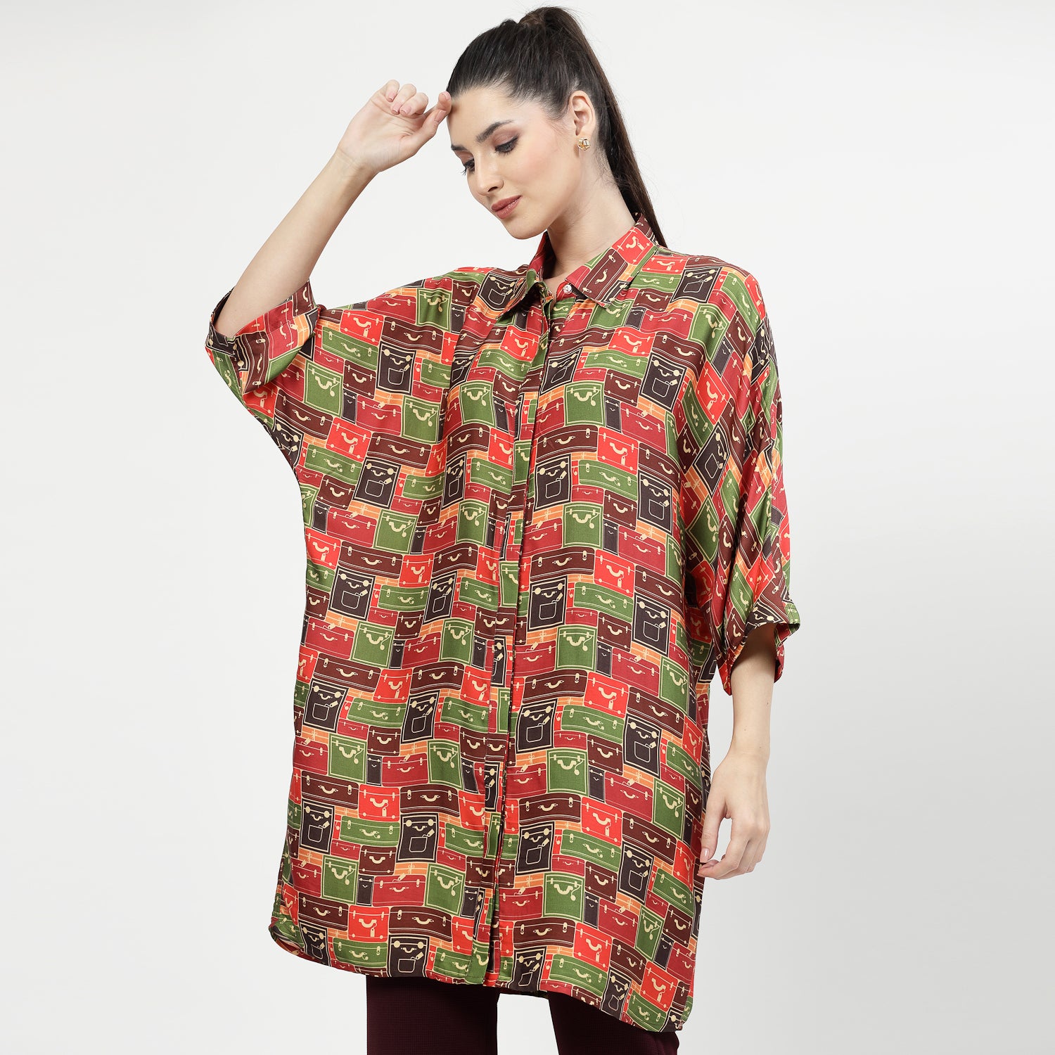 Multicolour Box Print Long Shirt,womens formal shirts	
cotton shirts for women	
Ofiice shirts for women	