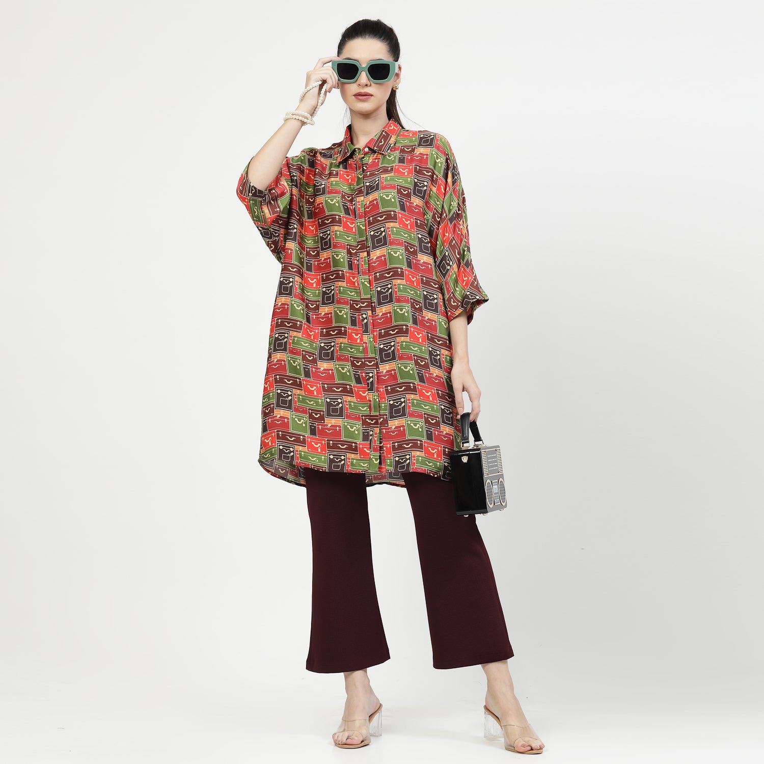 Multicolour Box Print Long Shirt,womens formal shirts	
cotton shirts for women	
Ofiice shirts for women	