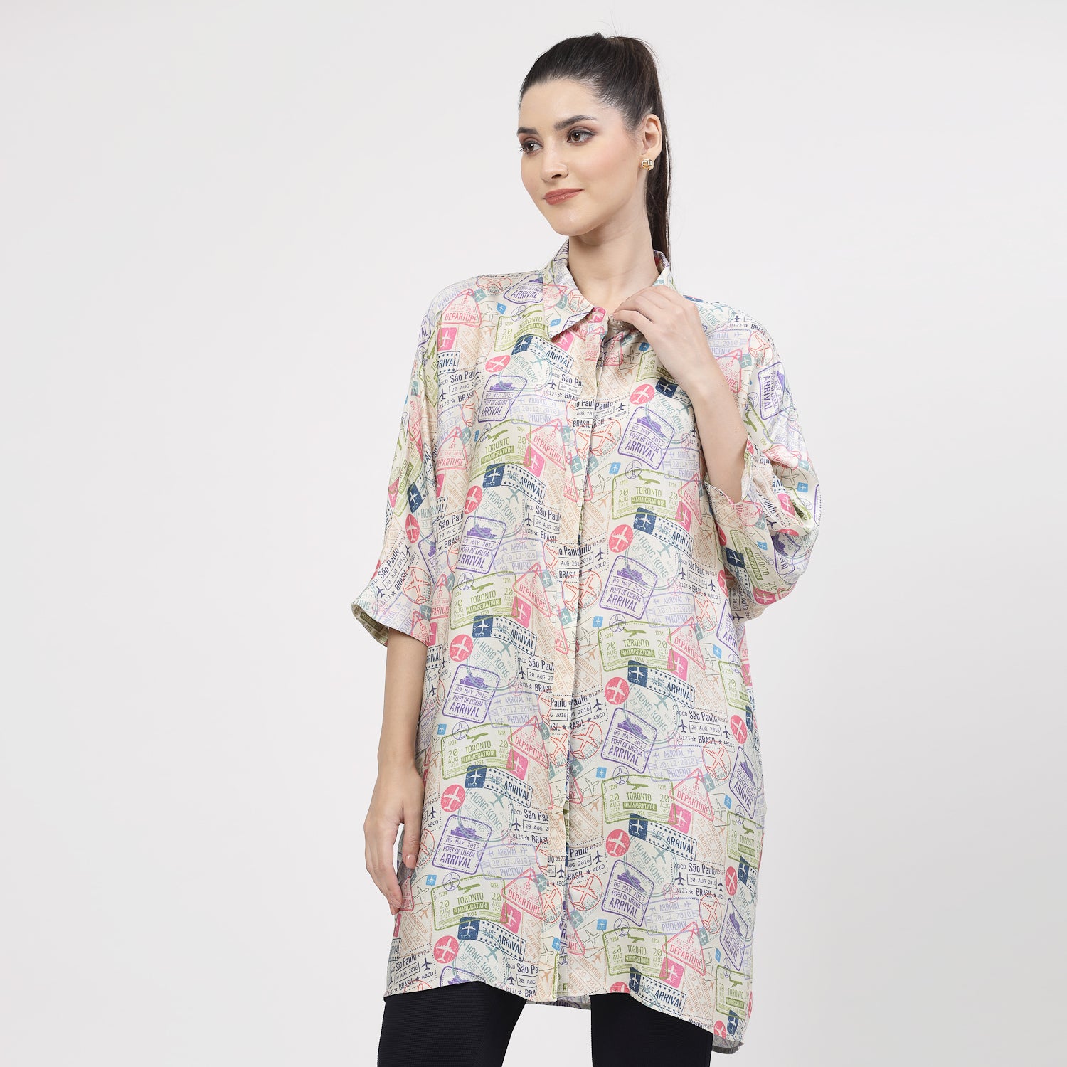 Multicolour Ticket Print Long Shirt,womens formal shirts	
cotton shirts for women	
Ofiice shirts for women	