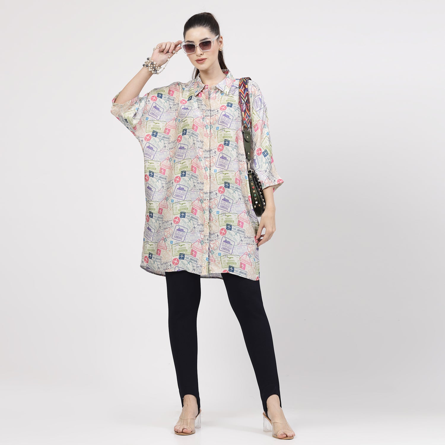 Multicolour Ticket Print Long Shirt,womens formal shirts	
cotton shirts for women	
Ofiice shirts for women	