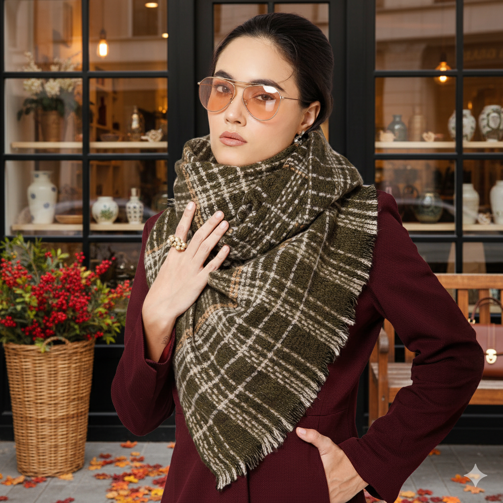 Olive Green With White Check Stole