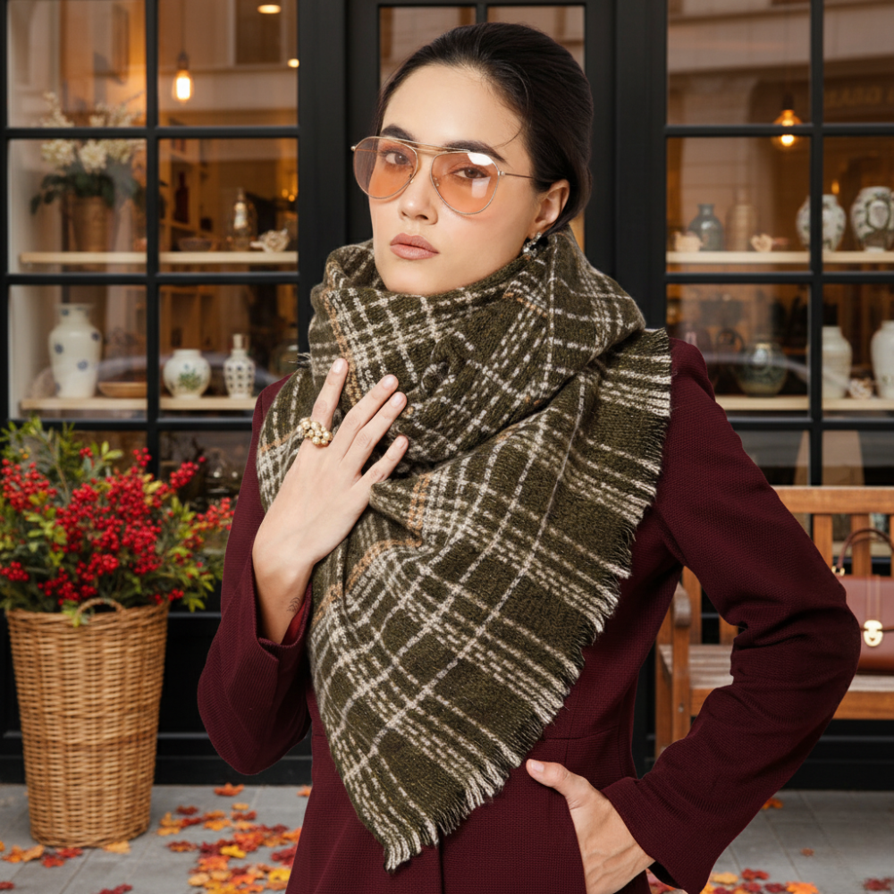 Olive Green With White Check Stole