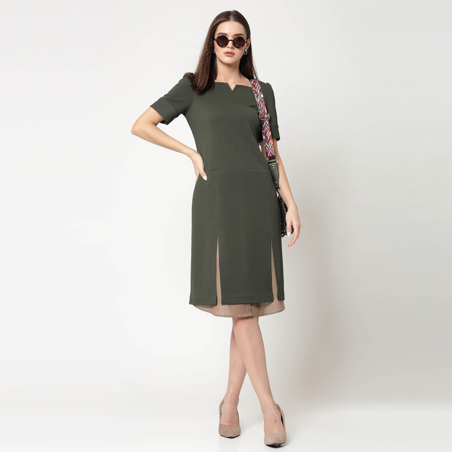 Olive Dress With Beige Inner Shirt,dress for women, stylish dress for women, one piece for women dress, office wear women	
	
	
	