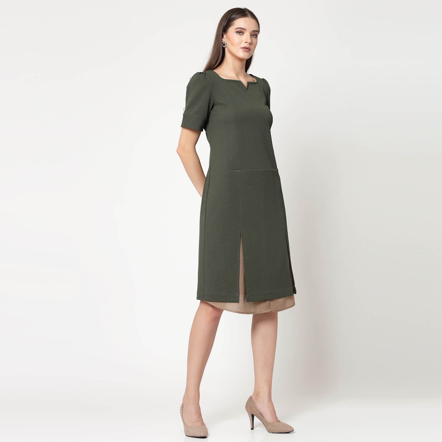 Olive Dress With Beige Inner Shirt,dress for women, stylish dress for women, one piece for women dress, office wear women