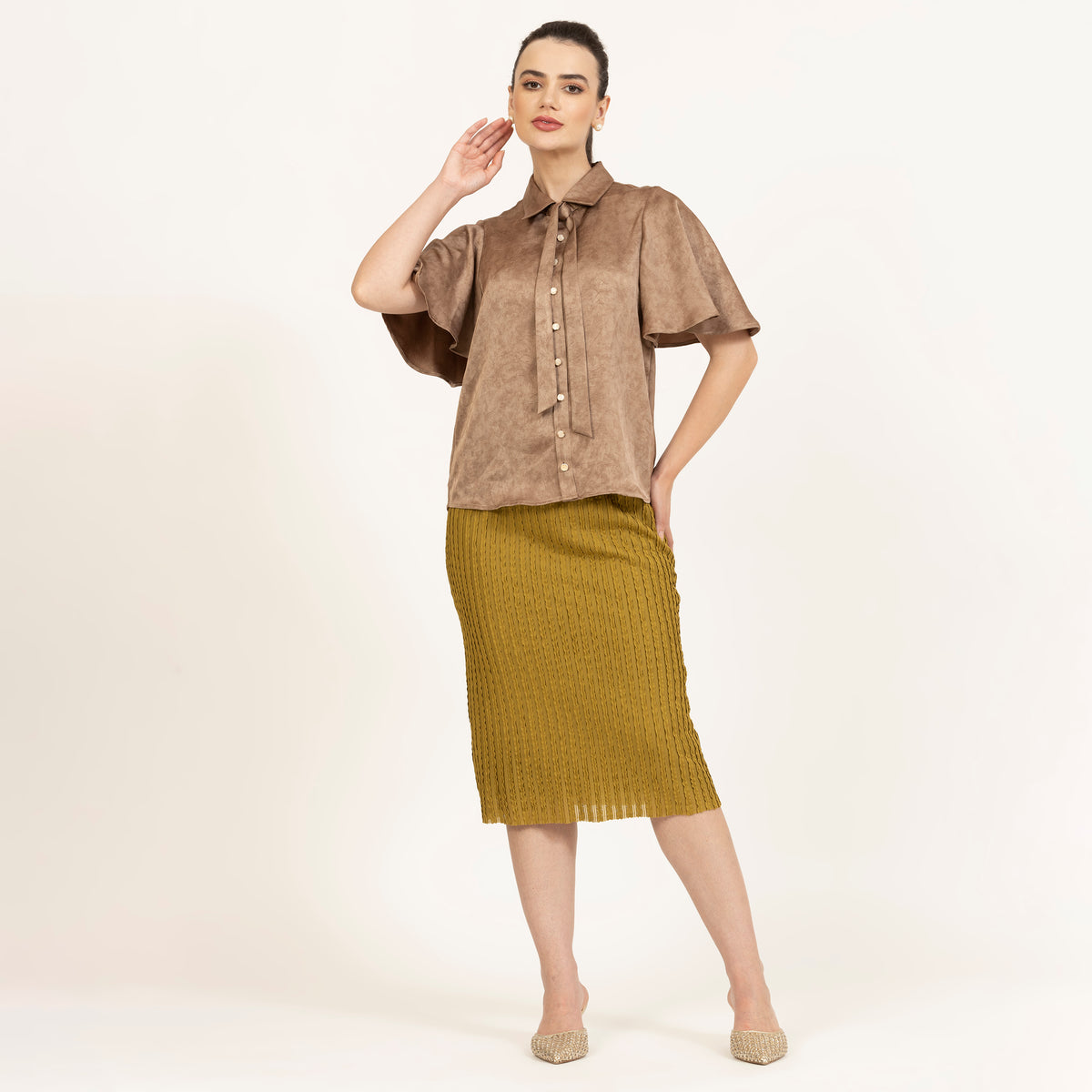 Olive Green Lycra Textured Skirt, formal frocks for work , office dresses for women, designer skirts for women