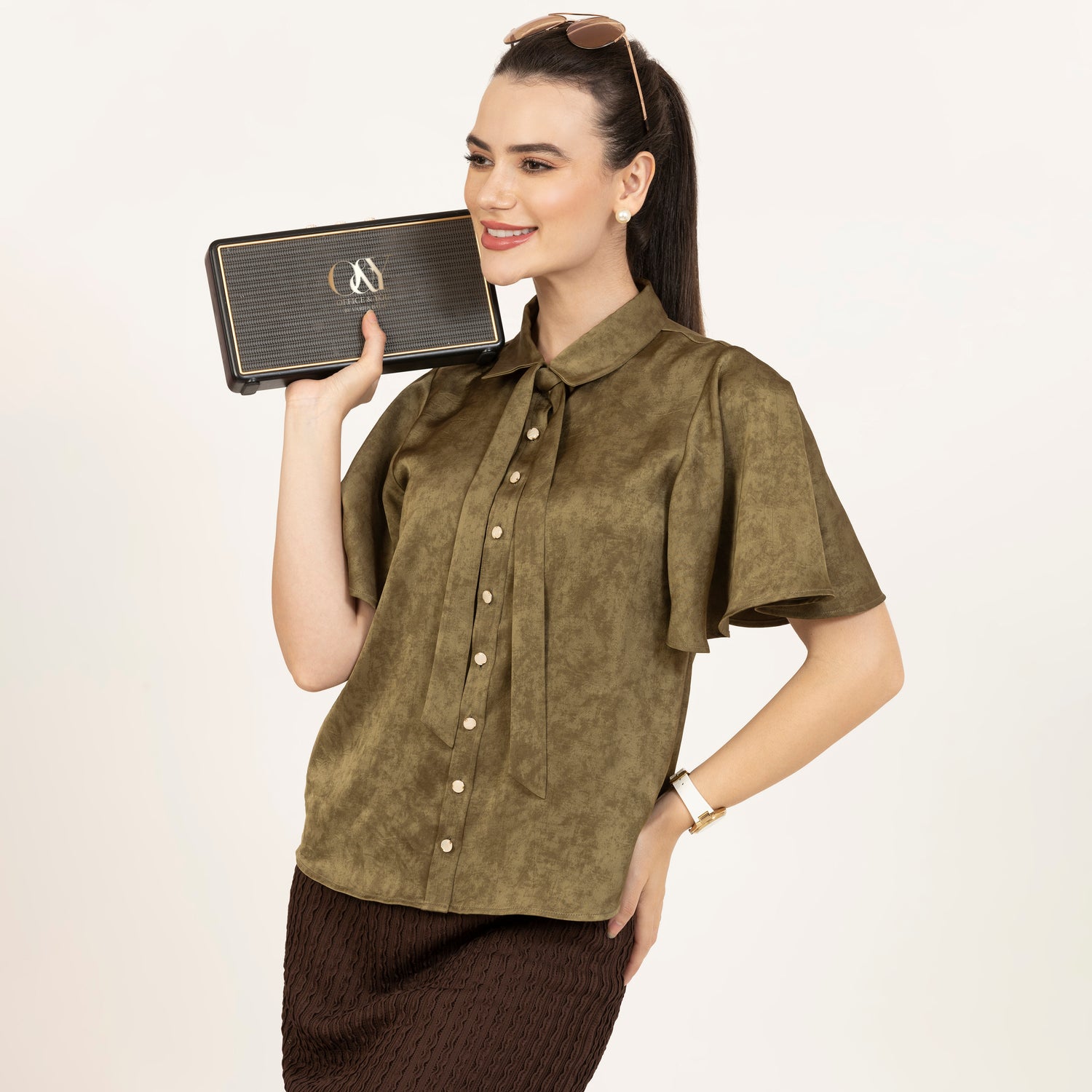 Ling Satin Top in Olive Green (1 M-L LEFT)