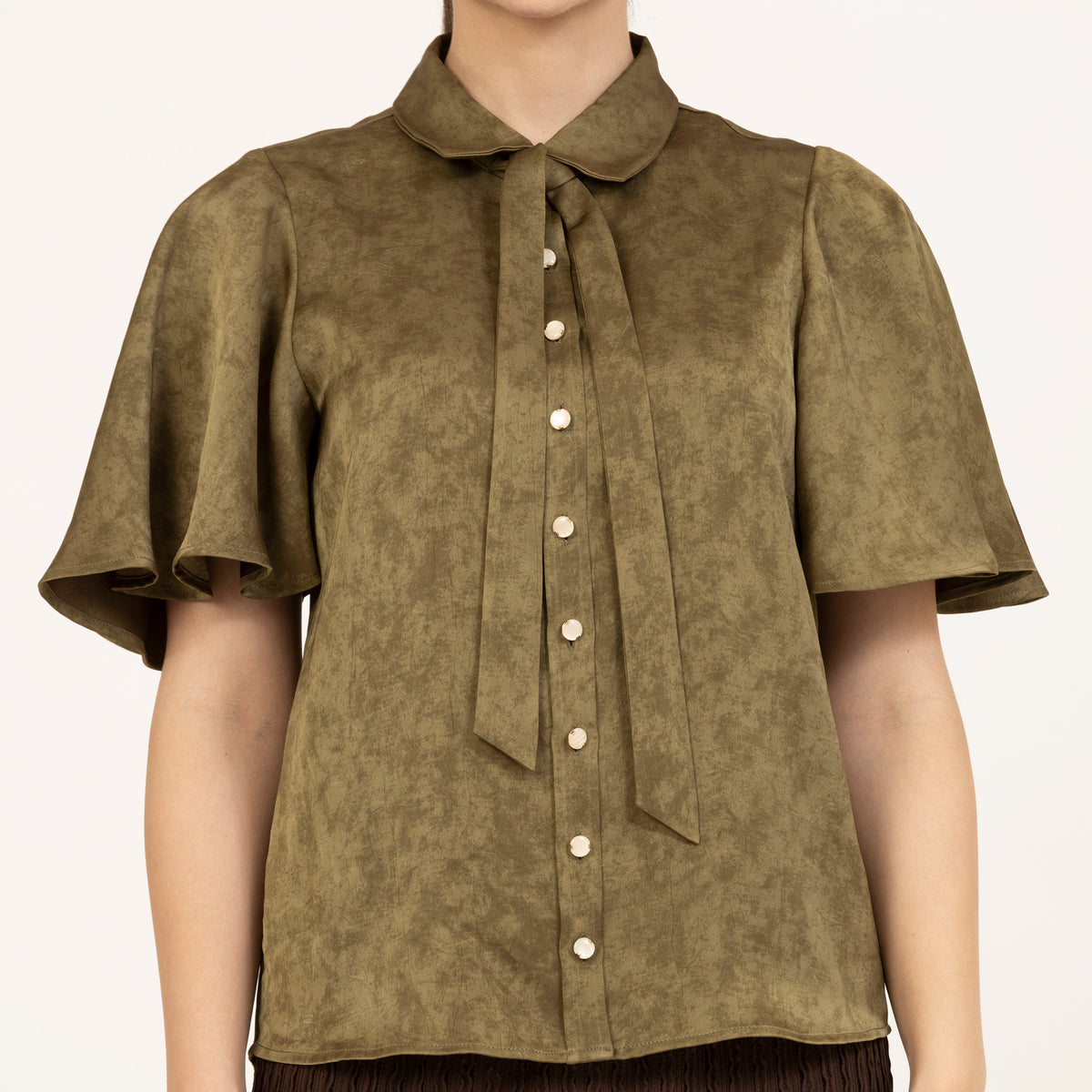 Olive Green Satin Top With Bell Sleeves, designer shirts, casual tops, formal tops, fashion tops, formal tops for women, tops for women, office dresses for women, trendy tops for women