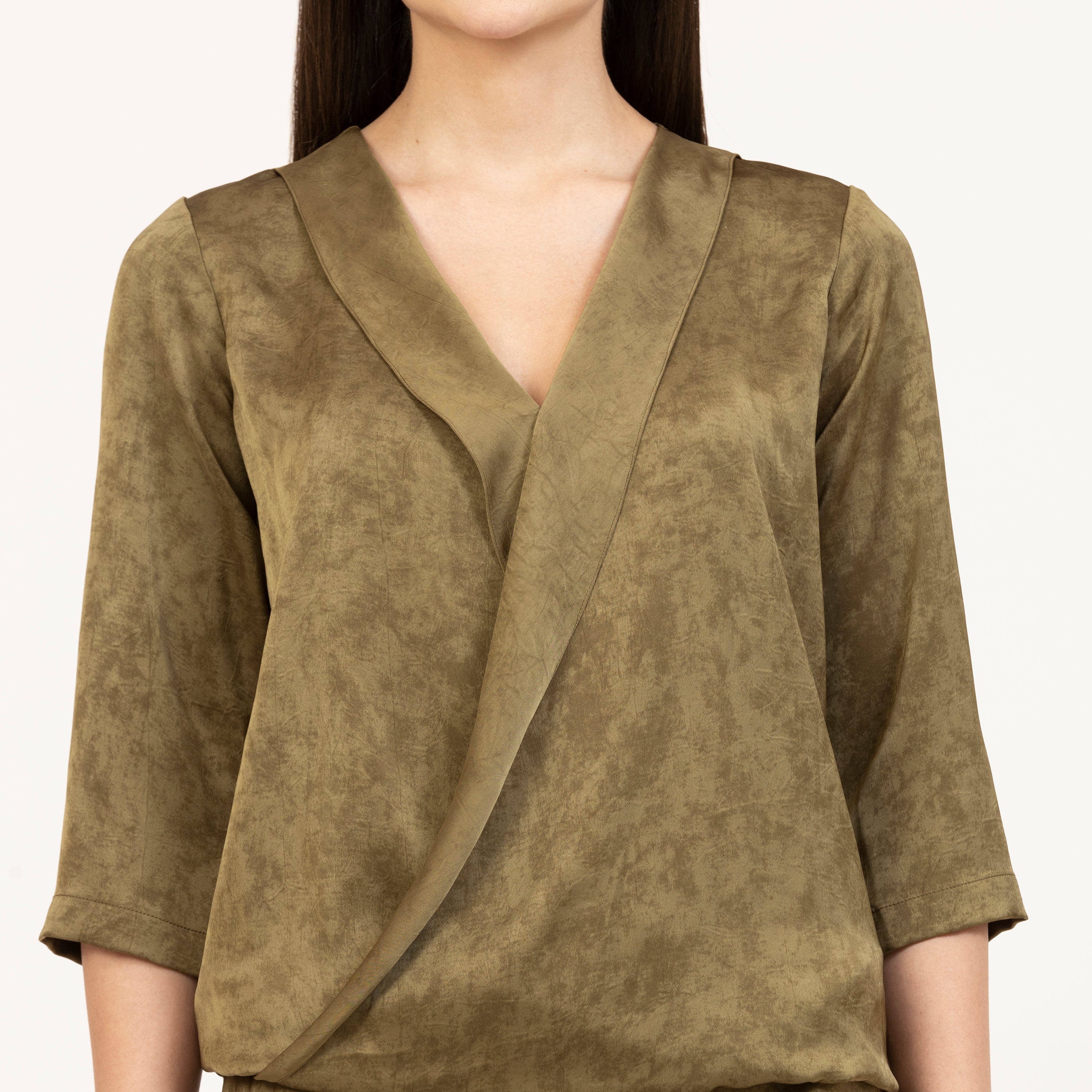 Olive Green Satin Wrap Top, dresses for women, satin wrap for women, olive green wrap top, tops for women, designer tops, best tops for women, office wear tops , stylish formal tops , best tops for work