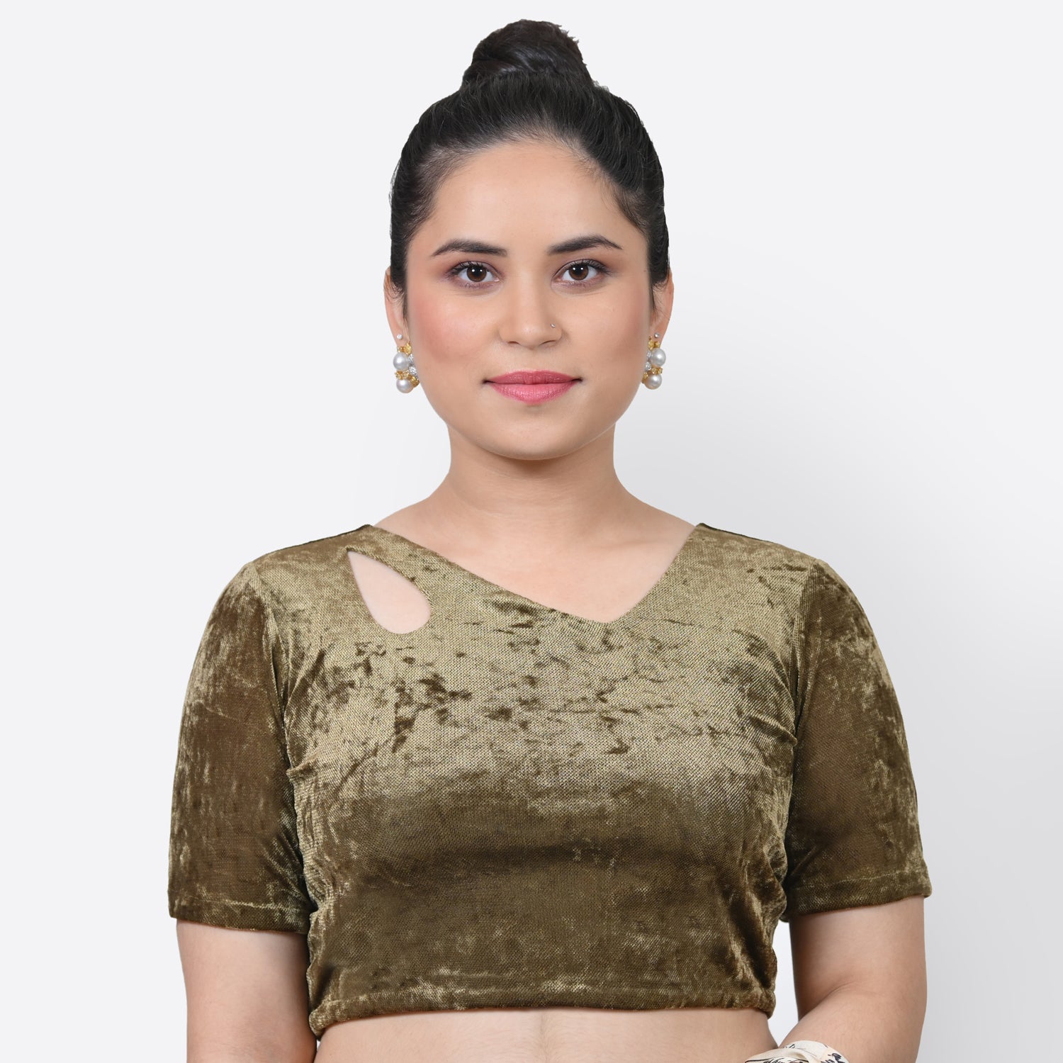 Olive Green Velvet Blouse With Keyhole, Stylish Blouses for Sarees - Perfect for Office Wear