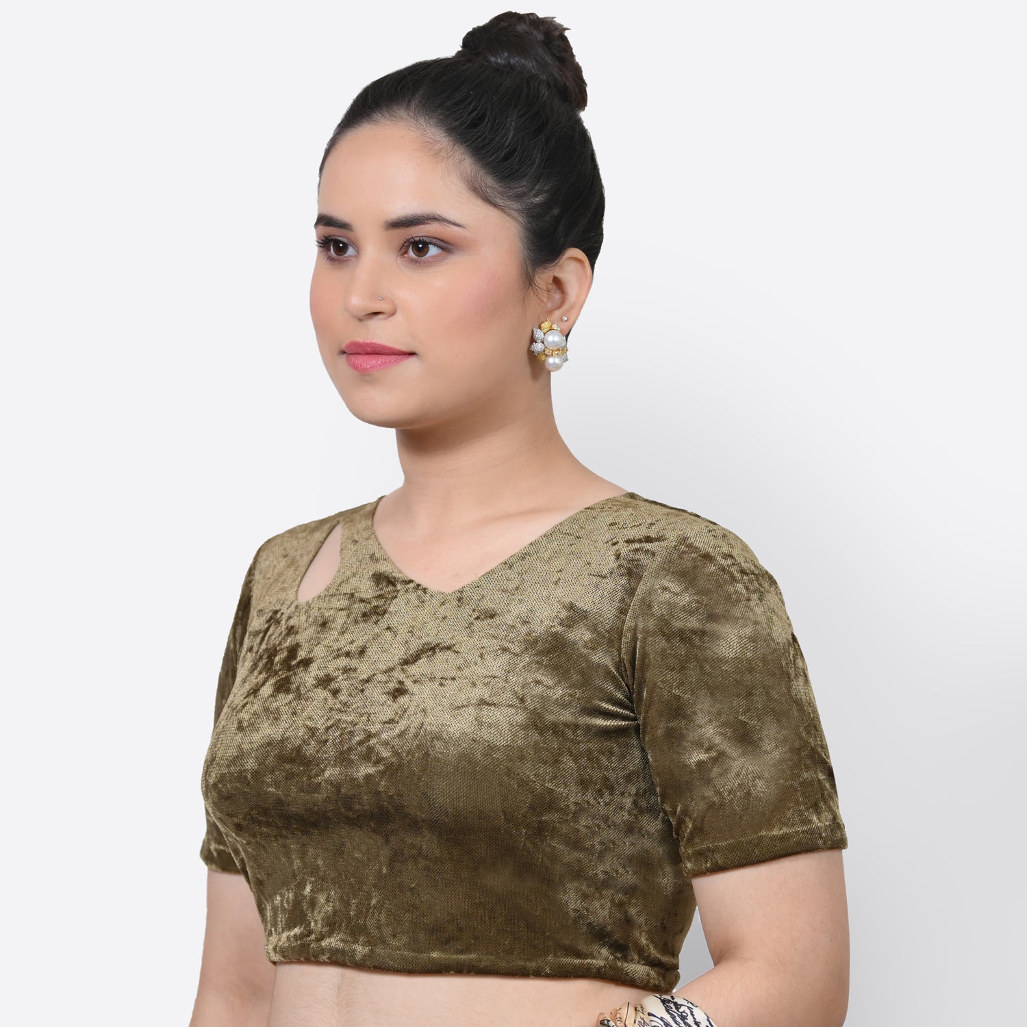 Olive Green Velvet Blouse With Keyhole, Stylish Blouses for Sarees - Perfect for Office Wear