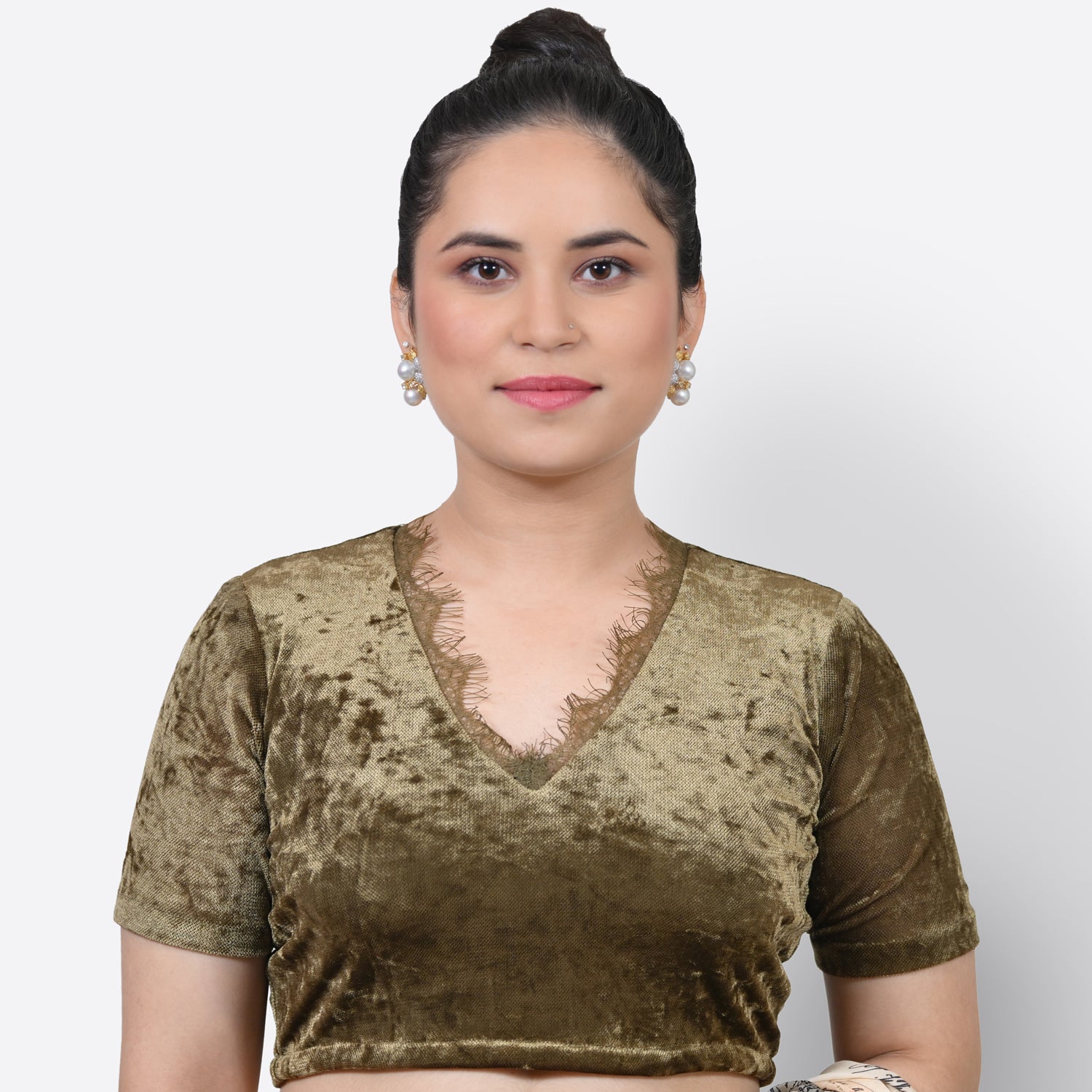 Olive Green Velvet Blouse With Lace, Stylish Blouses for Sarees - Perfect for Office Wear