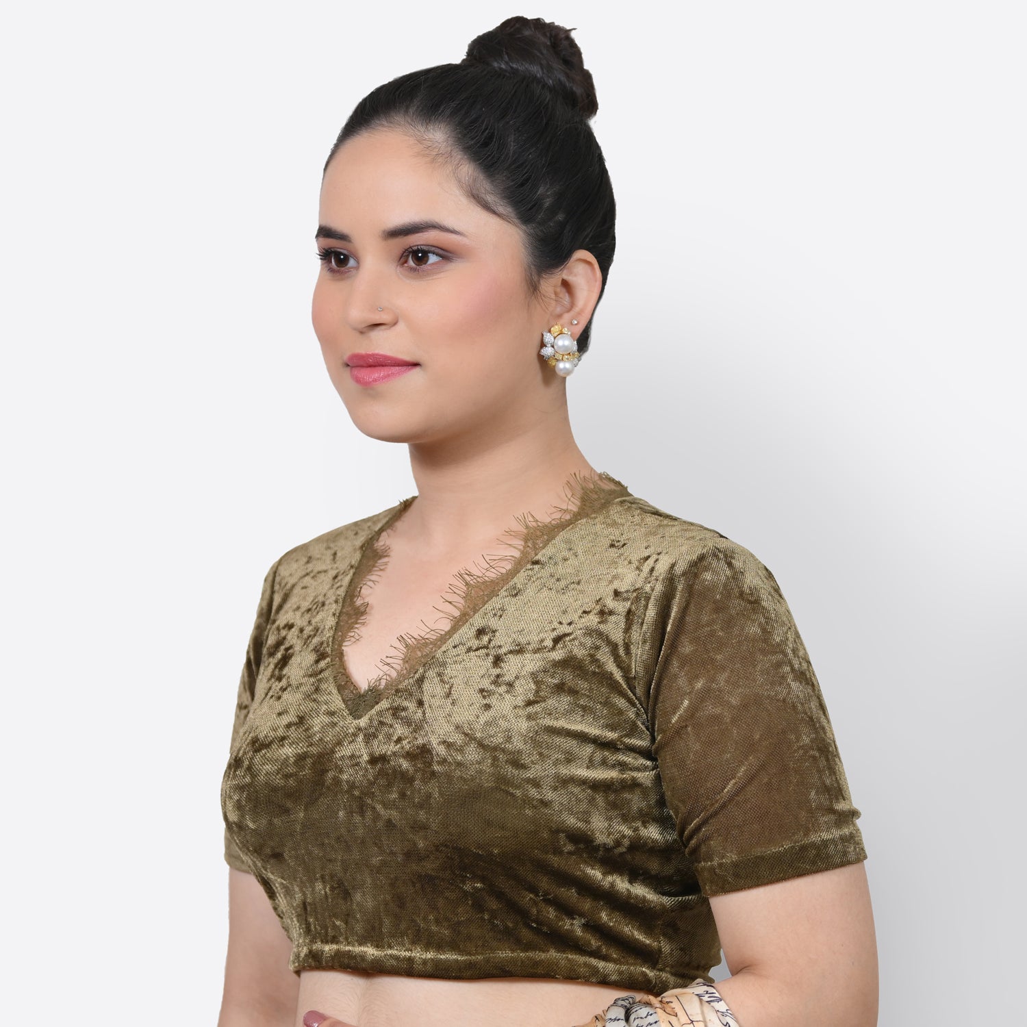 Olive Green Velvet Blouse With Lace, Stylish Blouses for Sarees - Perfect for Office Wear