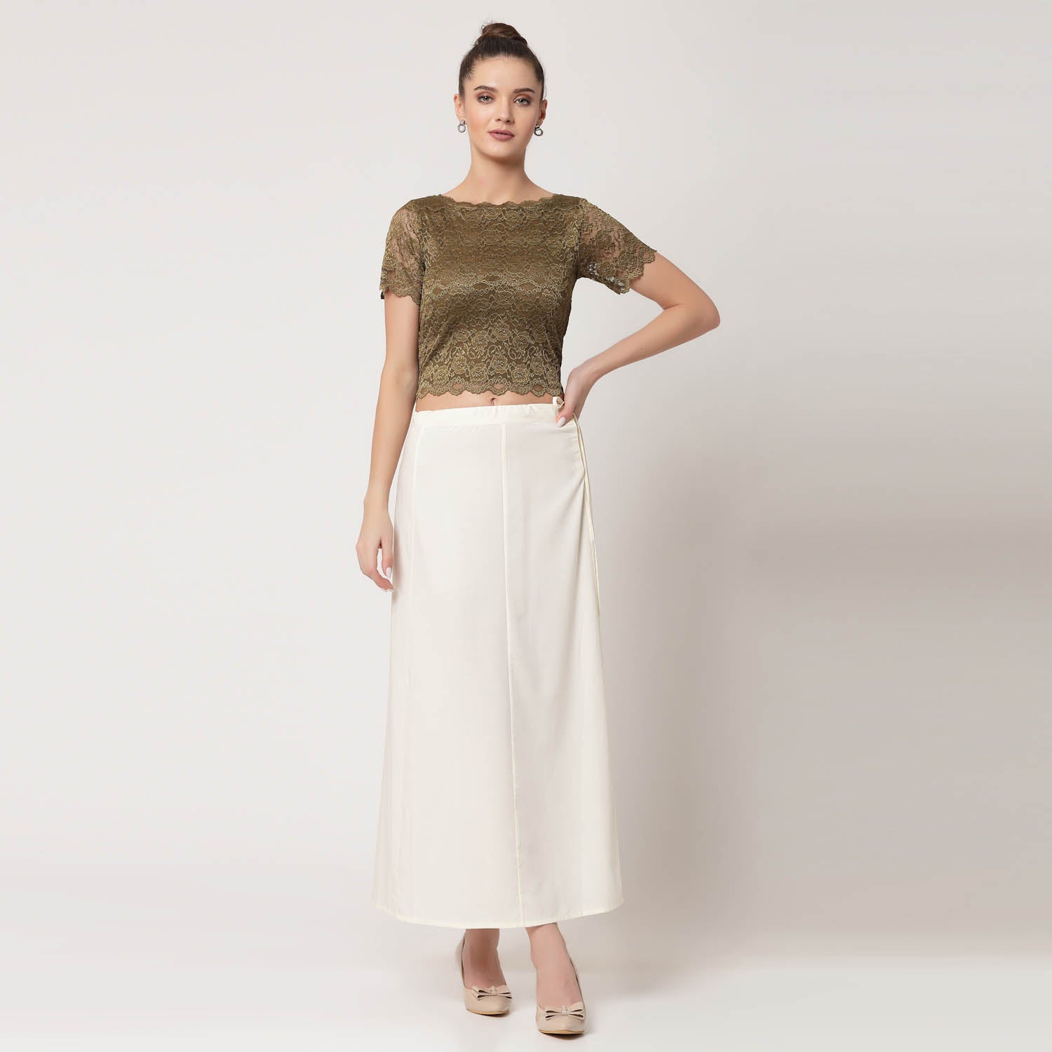 Olive Lace Boat Neck Blouse, Stylish Blouses for Sarees - Perfect for Office Wear