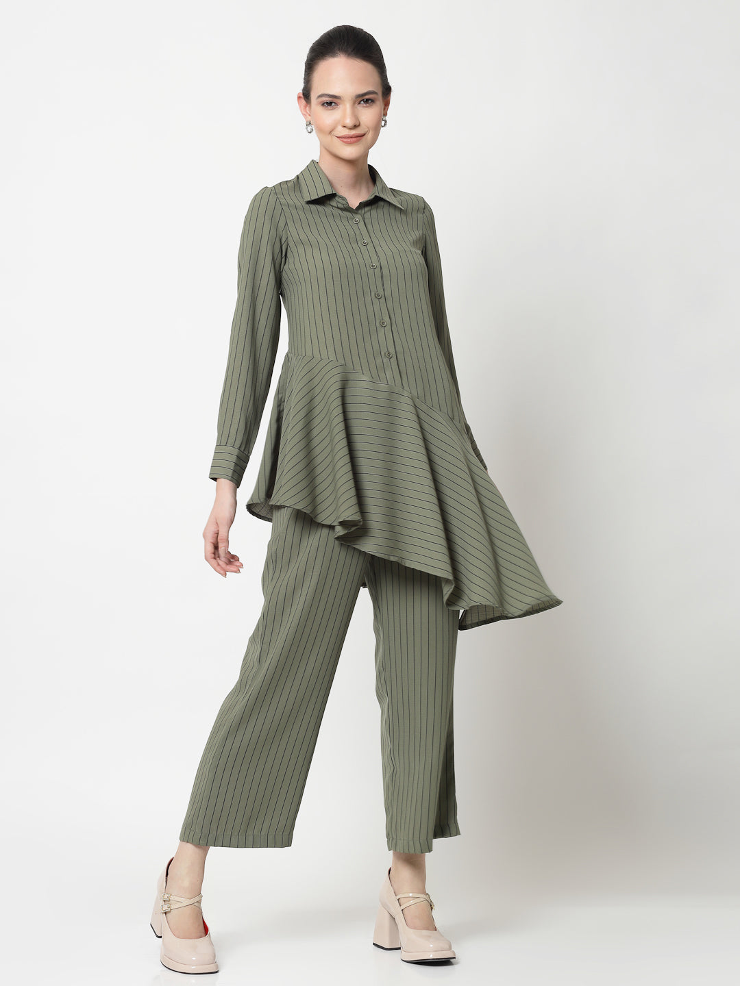 Olive Line Asymmetrical Shirt,womens formal shirts	
cotton shirts for women	
Ofiice shirts for women	