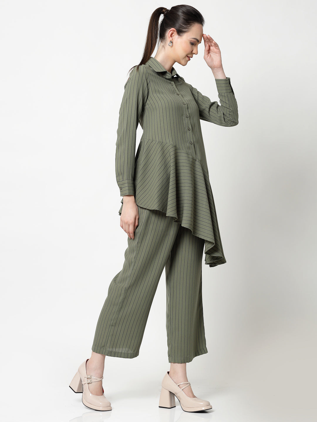 Olive Line Asymmetrical Shirt,womens formal shirts	
cotton shirts for women	
Ofiice shirts for women	