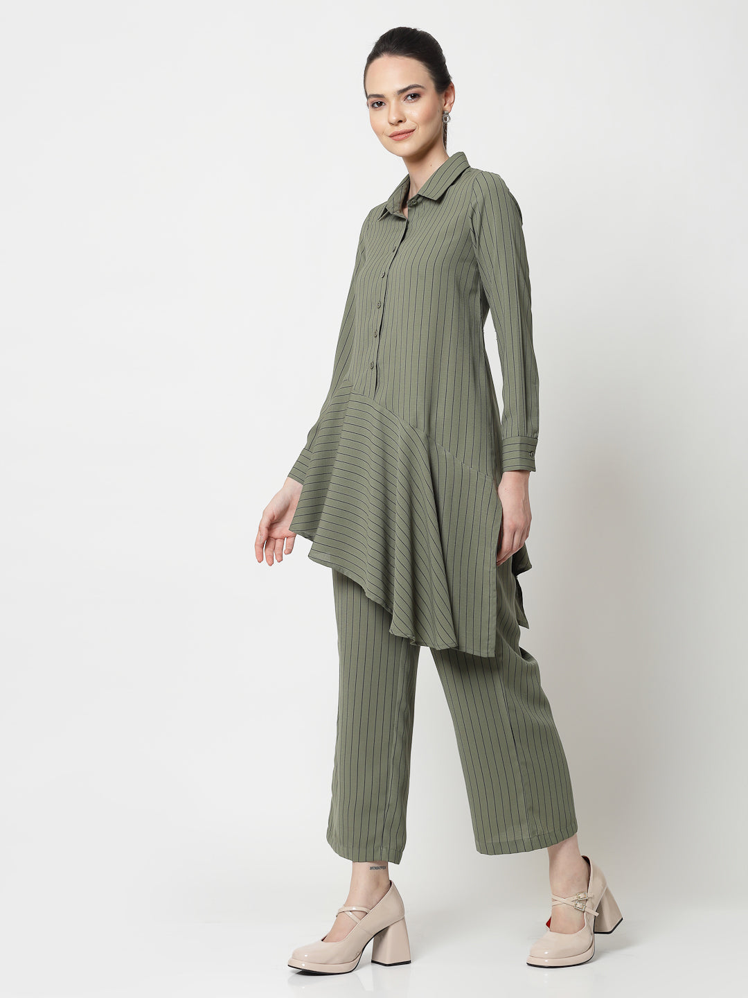 Olive Line Asymmetrical Shirt,womens formal shirts	
cotton shirts for women	
Ofiice shirts for women	