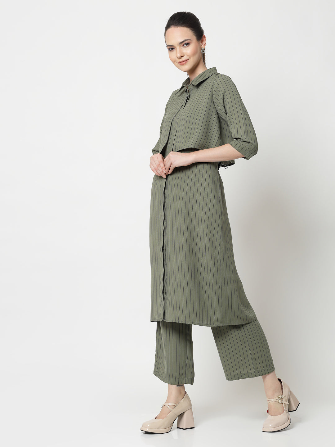 Olive Long Dress With Overlap Flaps, dress for women, stylish dress for women, one piece for women dress, office wear women	
	
	
	