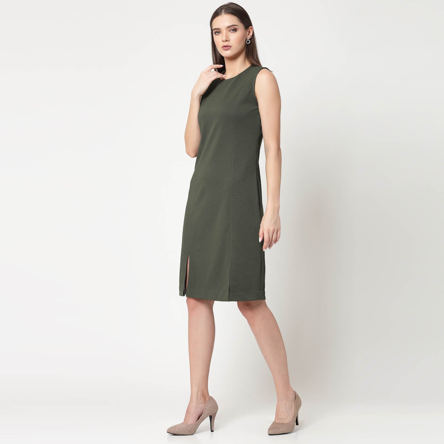 Olive Without Sleeves Dress With Slits, dress for women, stylish dress for women, one piece for women dress, office wear women	
	
	
	