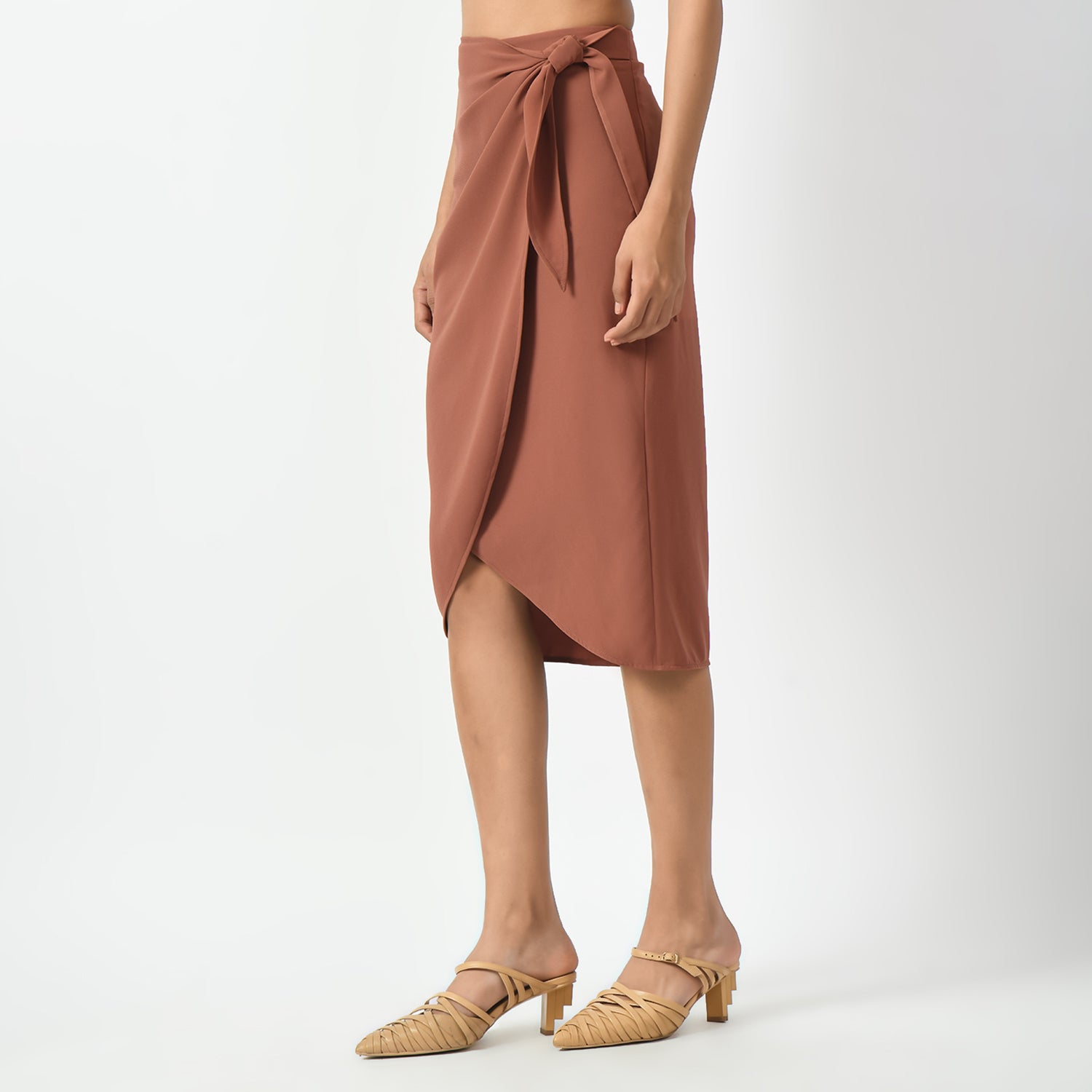 Peach Overlap Skirt With Tie Knot - Main Image