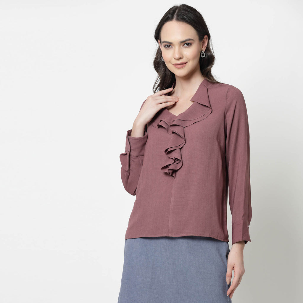 Buy Women Pink Formal Top with Frill Collar – Elegant & Sophisticated