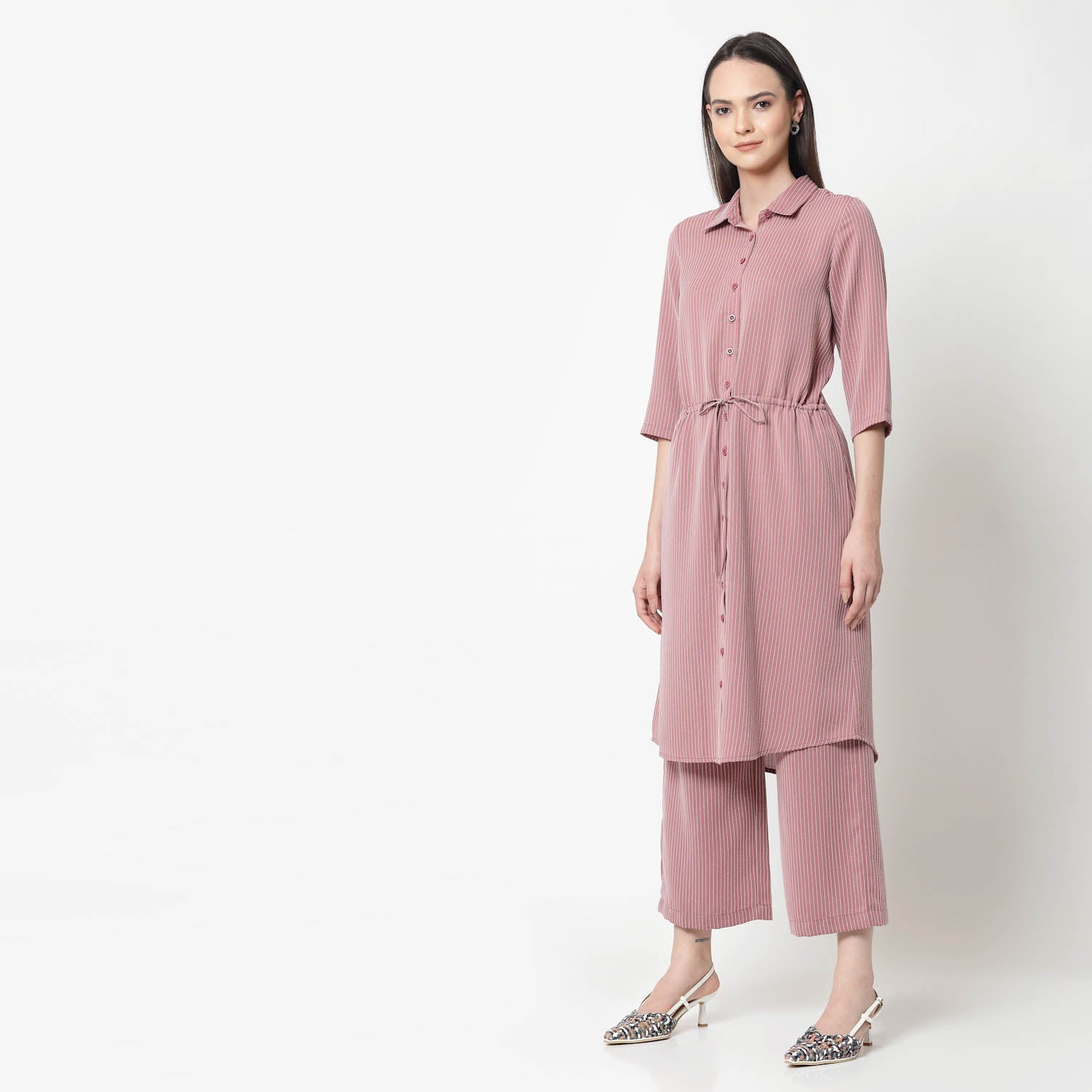 Pink Shirt Tunic With Draw Stings, Chic Tunics for Office Wear: Modern Elegance Redefined