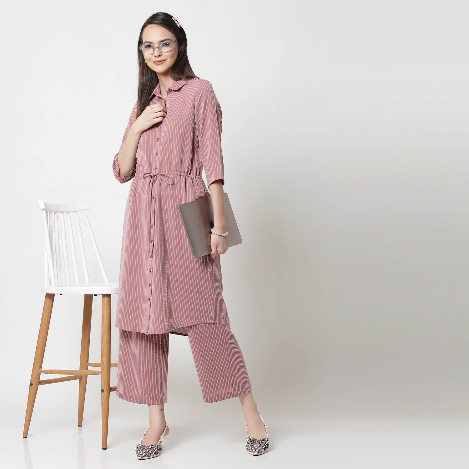 Pink Shirt Tunic With Draw Stings,Chic Tunics for Office Wear - Modern Elegance Redefined