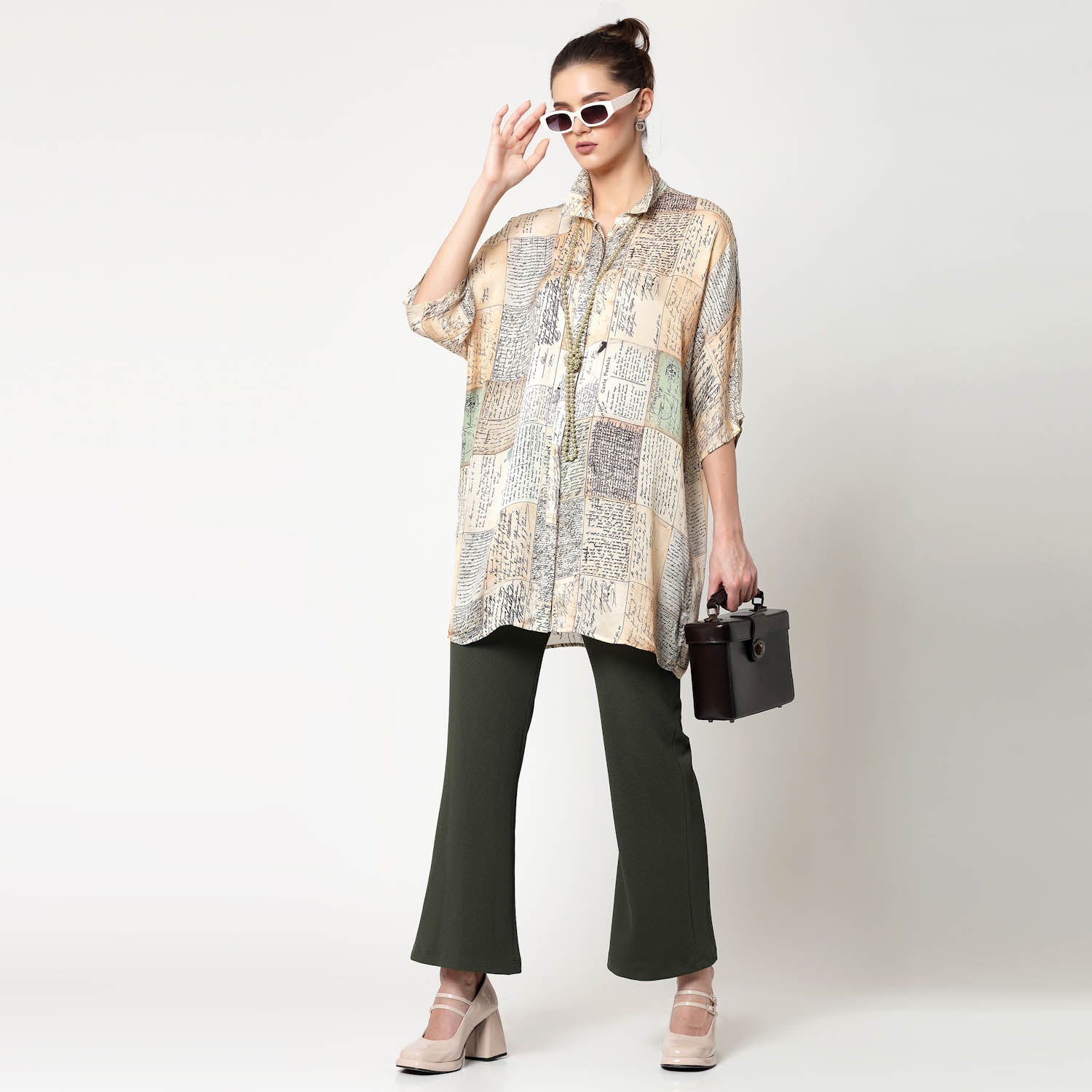 Post Card Print Long Shirt, womens formal shirts	
cotton shirts for women	
Ofiice shirts for women	