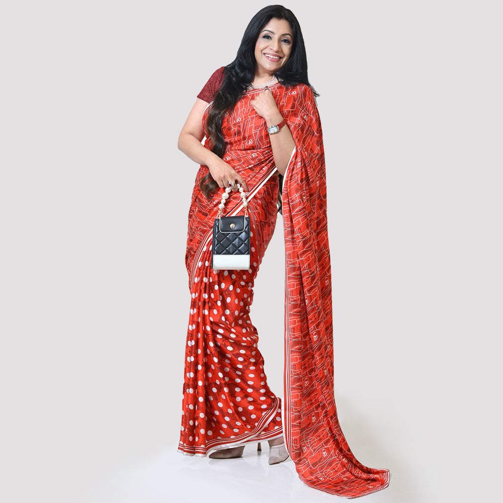 Red Polka & Cola Saree, indian dresses for women	
formal saree for women	
designer sarees for women	