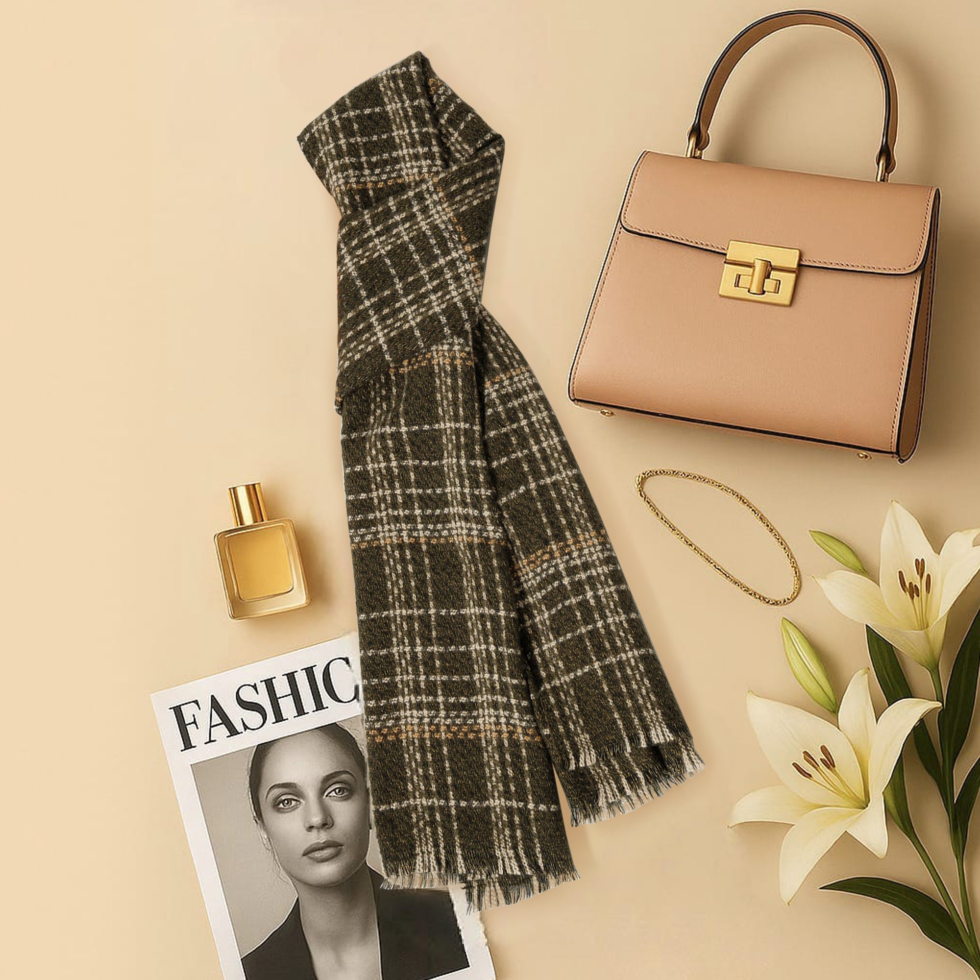 Olive Green With White Check Stole