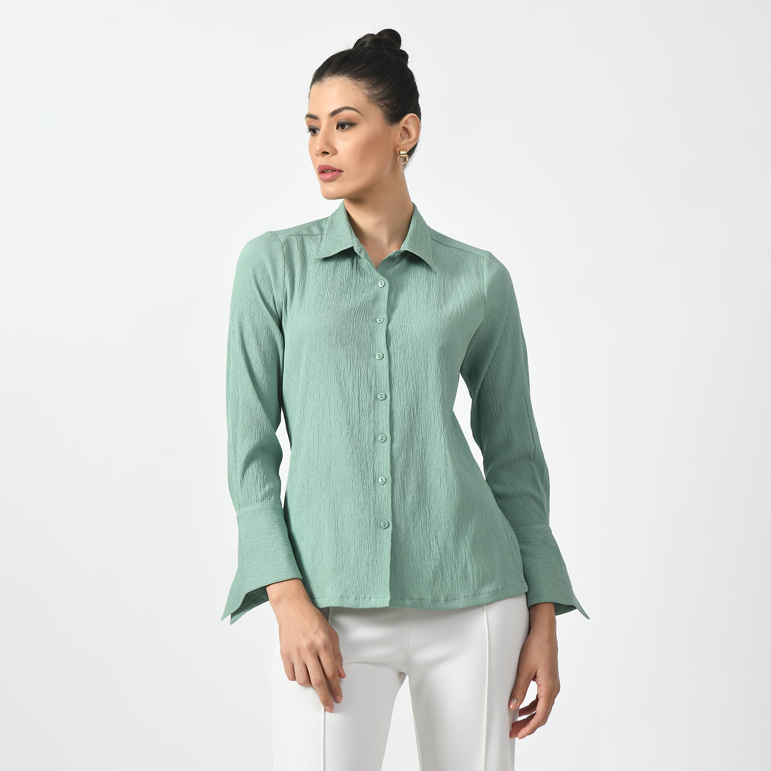Light Green Texture Shirt With Overlap Cuff