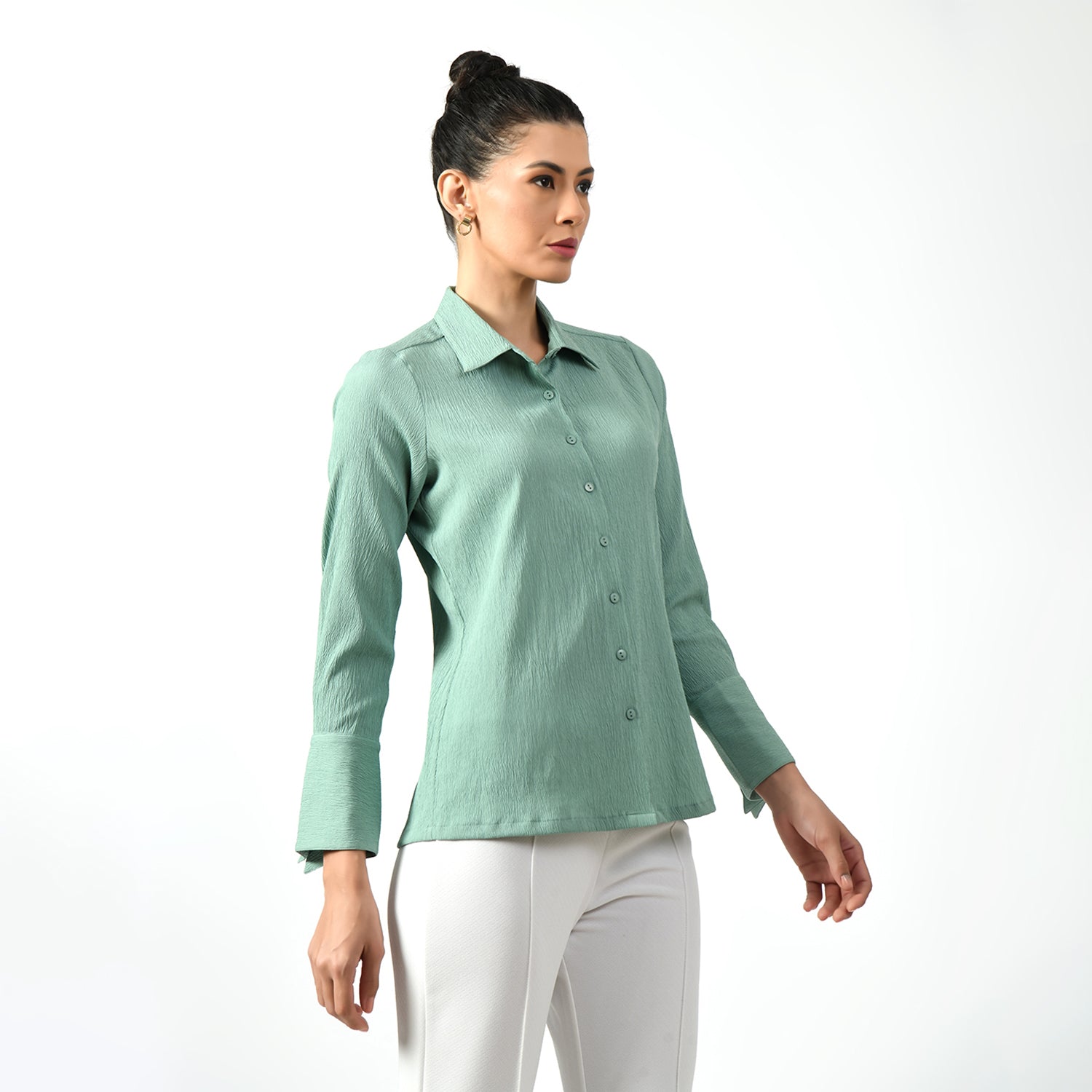 Light Green Texture Shirt With Overlap Cuff