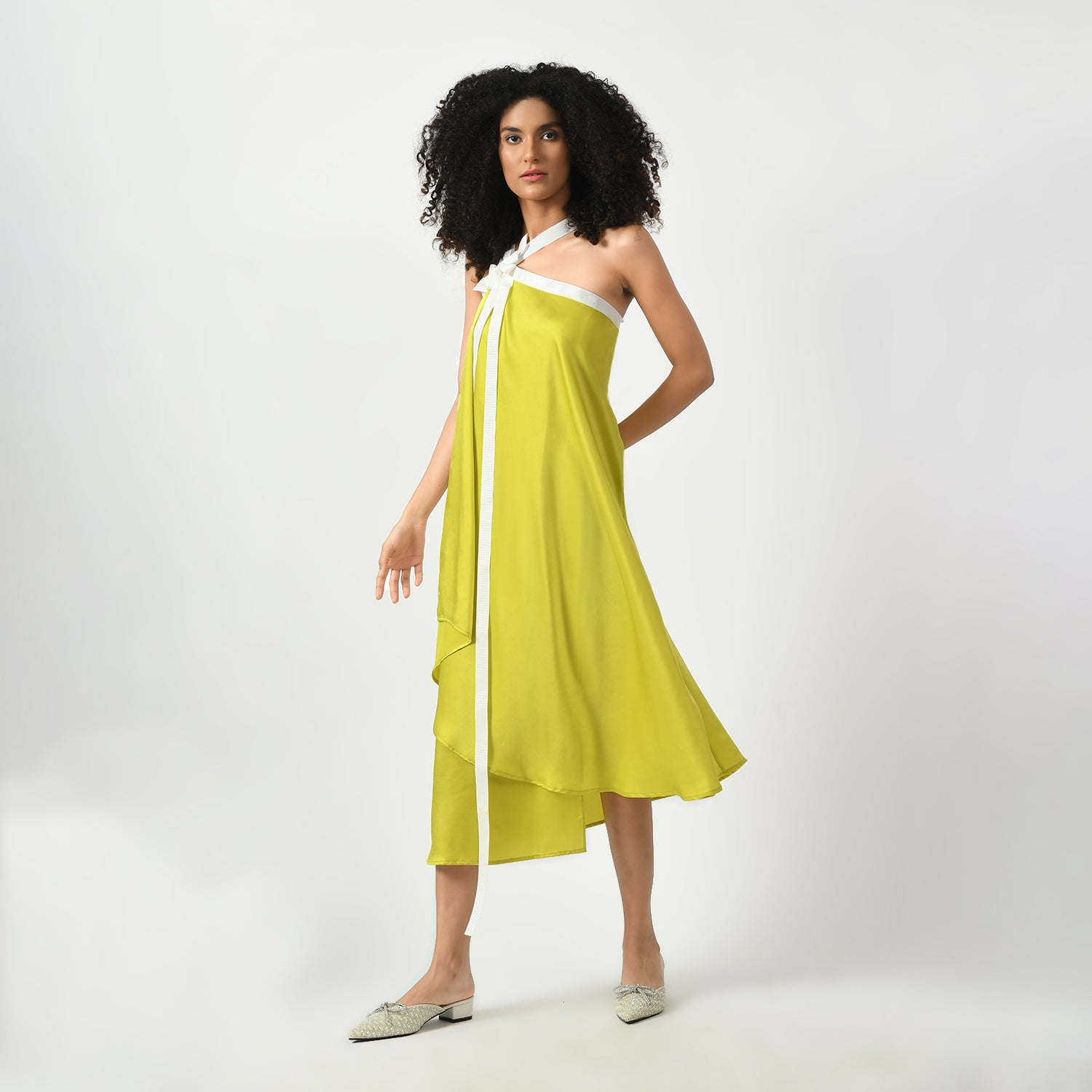 Olive Satin Asymmetrical Dress With Ribbed Ribbon