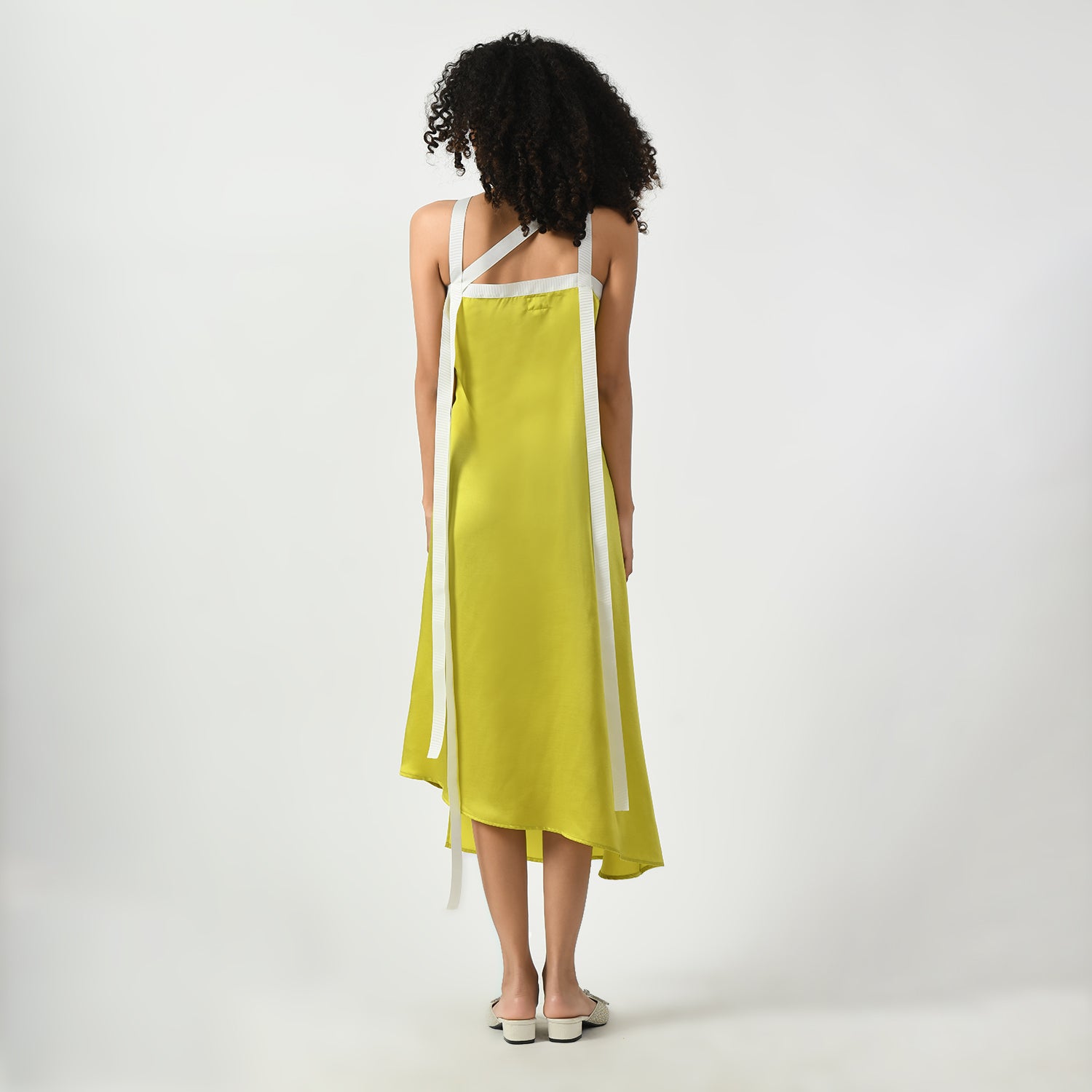 Olive Satin Asymmetrical Dress With Ribbed Ribbon