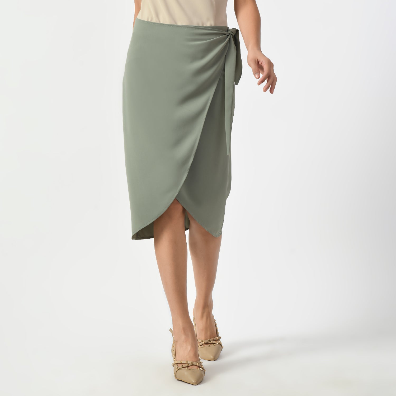 Dusty Green Overlap Skirt With Tie Knot