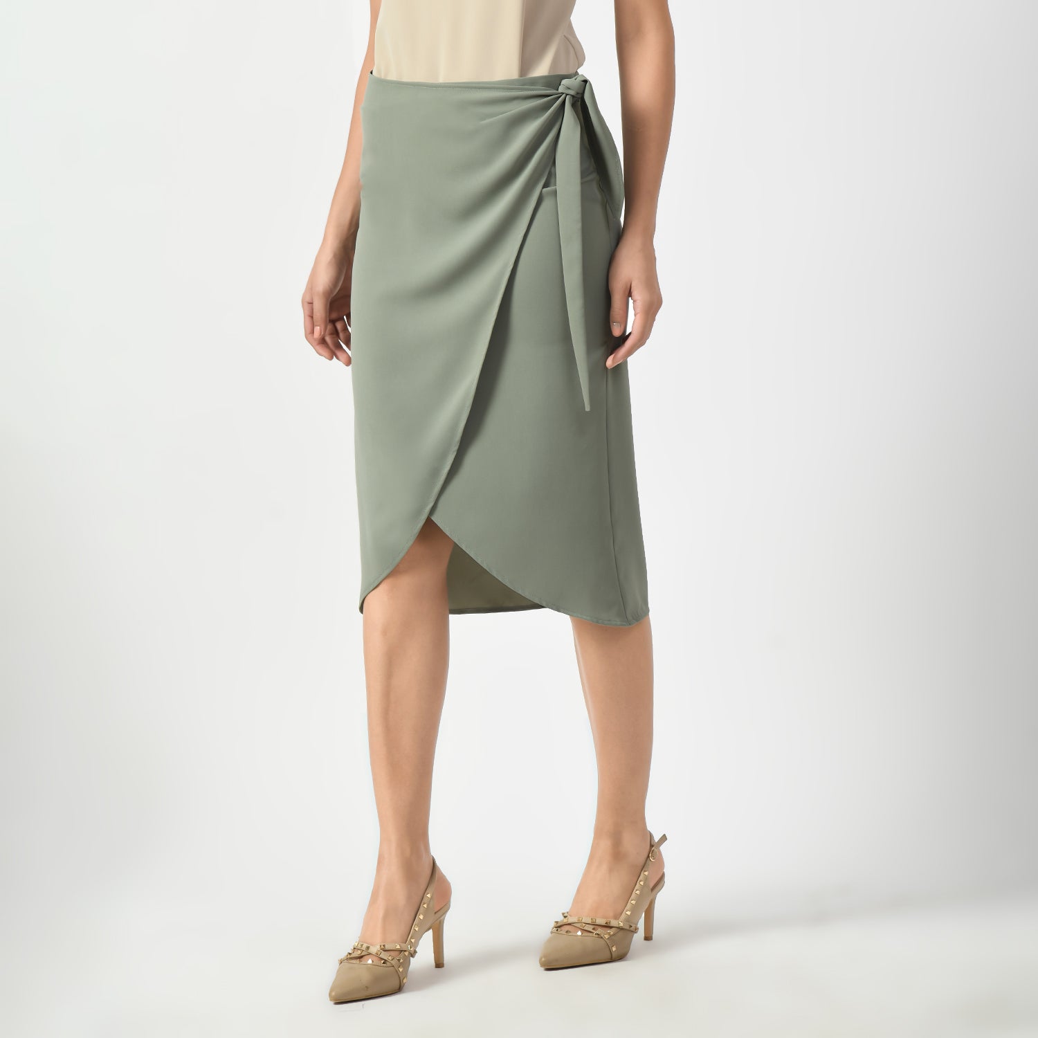 Dusty Green Overlap Skirt With Tie Knot