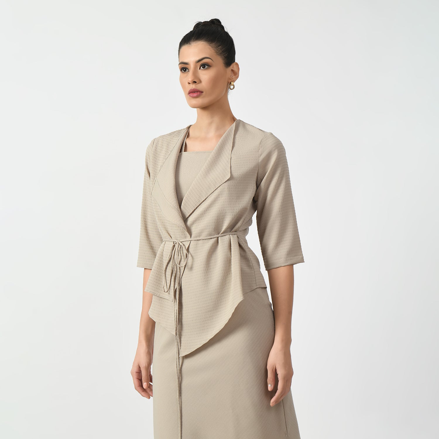 Beige Texture Jacket With Wrap And Tie Knot