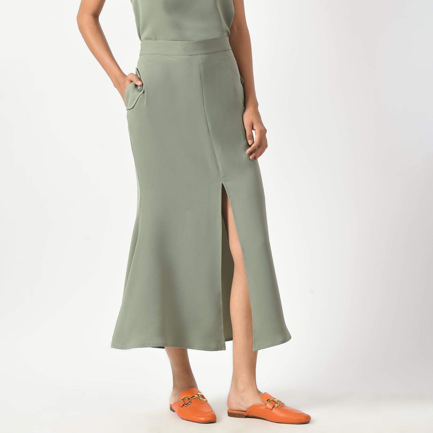 Dusty Green Fish Cut Skirt With Front Slit