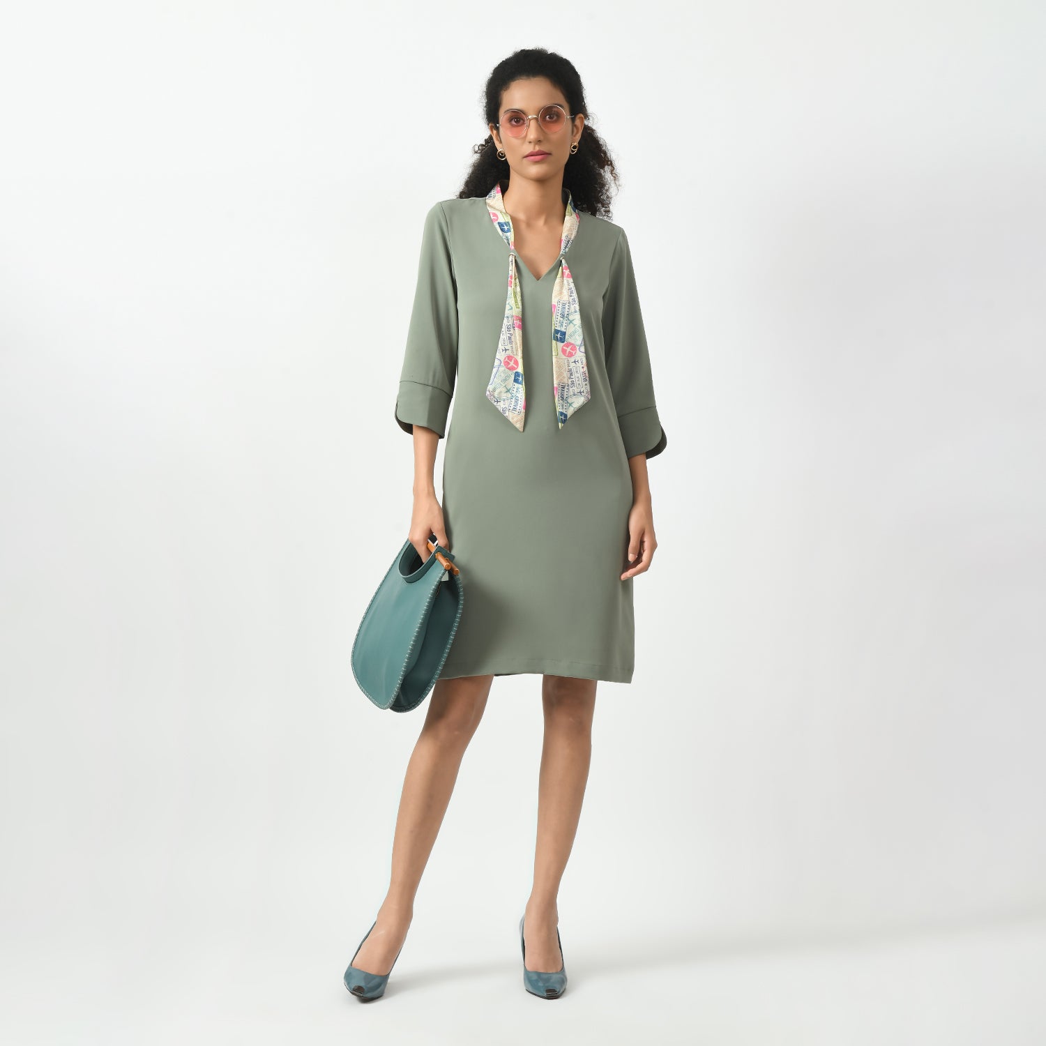 Dusty Green Dress With Tie Knot Collar