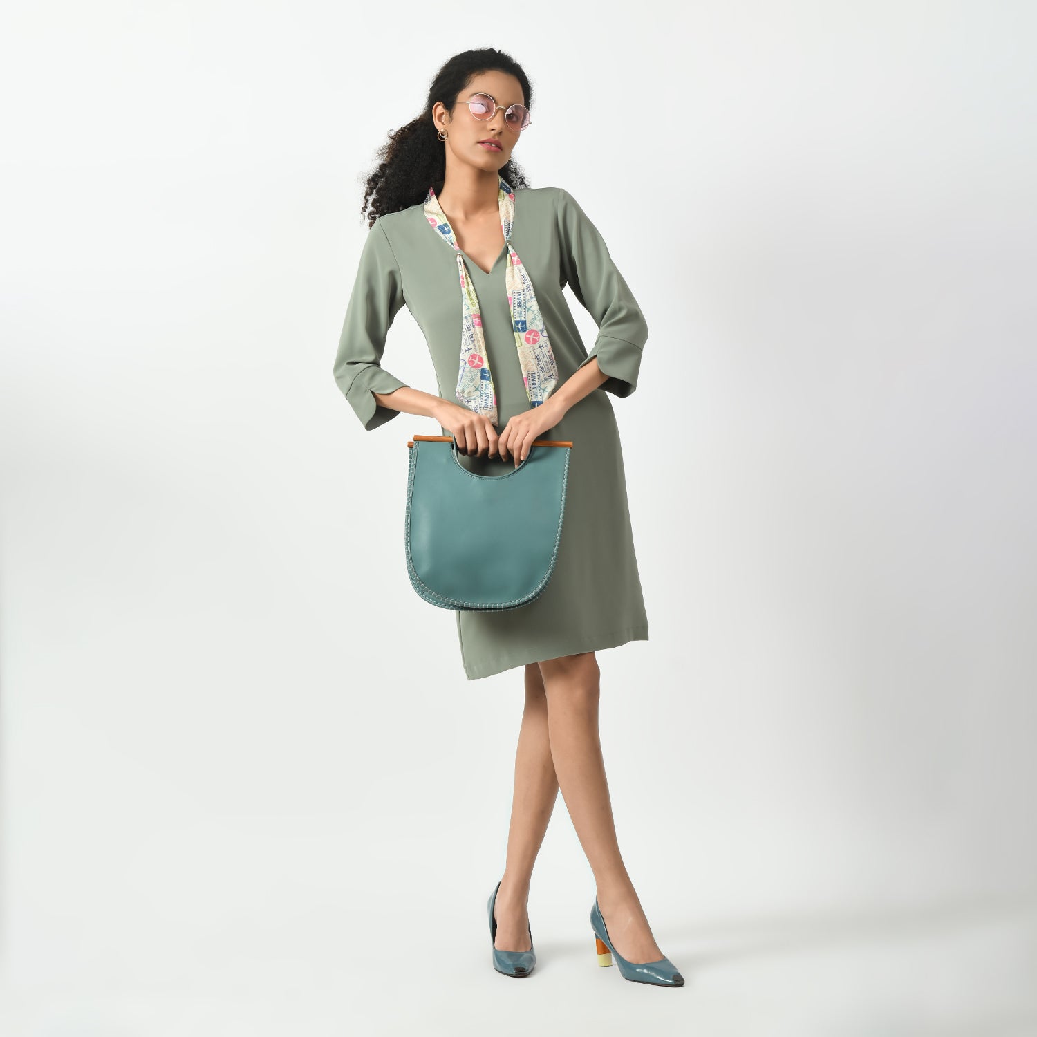 Dusty Green Dress With Tie Knot Collar