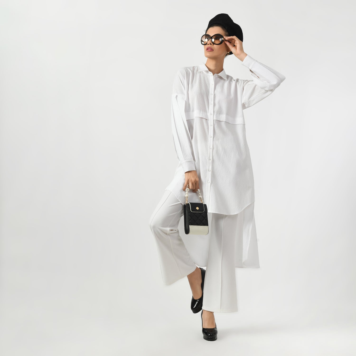 White Line Texture Asymmetrical Shirt, white shirts for women, professional shirts for women, office-ready shirts, lightweight formal shirt, casual cotton shirts for office, formal office shirts, best shirts for professional women, asymmetrical shirts for women 