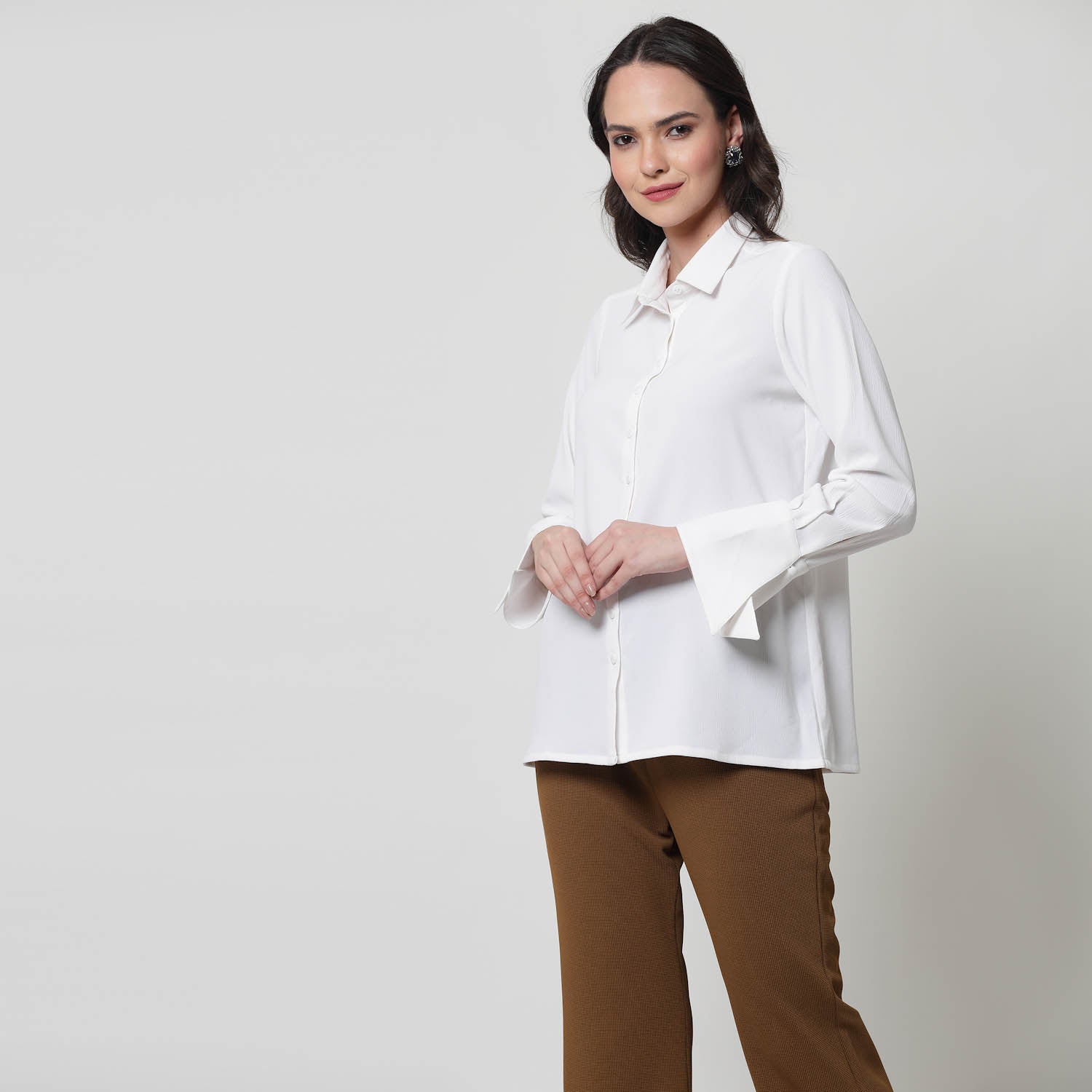 White Texture Shirt With Overlap Cuff,womens formal shirts	
cotton shirts for women	
Ofiice shirts for women	